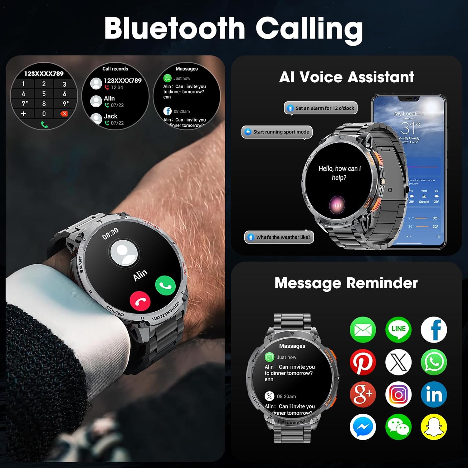 Military Smart Watch for Men 1.85" HD 730mAh Battery Smart Watches with LED Flashlight for Android iOS (Bluetooth Call Answer/Dial Calls) Fitness Tracker with Heart Rate Blood Black Steel Strip - Image 8