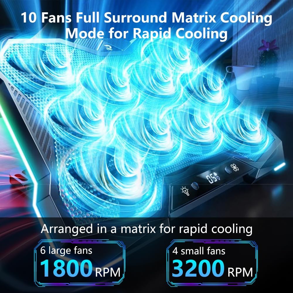 G-STORY Gaming Laptop Cooling Pad, RGB Lights Laptop Cooler with 10 Powerful Turbo Fans for 12-18 Inch Notebooks,8 Height Adjustable Stand and 1 USB Port - Image 3
