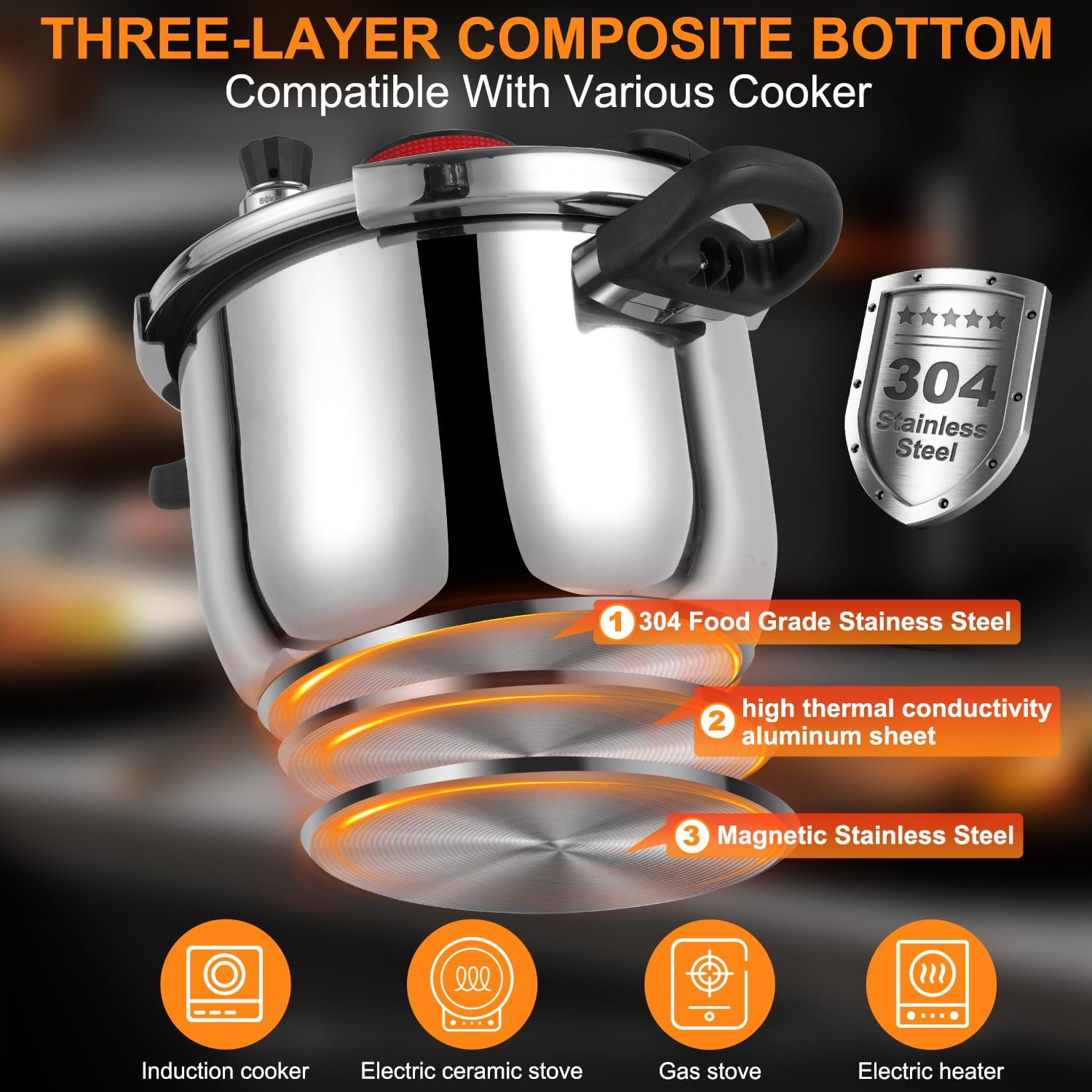 Pressure Cooker 10 QT, Stainess Steel Pressure Canner 10 Quart, Explosion-Proof Cookware, Rotating Lock/Unlock Lid, One-handed lid opening, Thickened Silicone Ring And Anti-scald Handle, Silver - Image 7