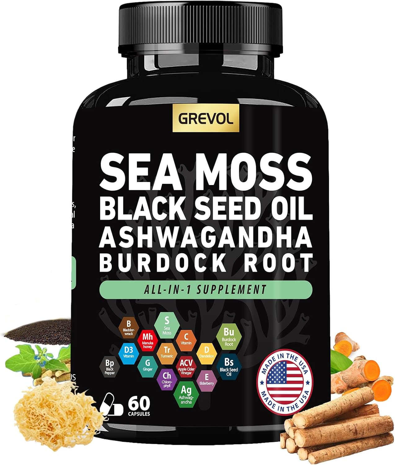Sea Moss Black Seed Oil Ashwagandha Bladderwrack Burdock Root Turmeric & Vitamin C D3 Elderberry ACV Black Pepper - Multimineral Supplement - 60 Count - Image 2