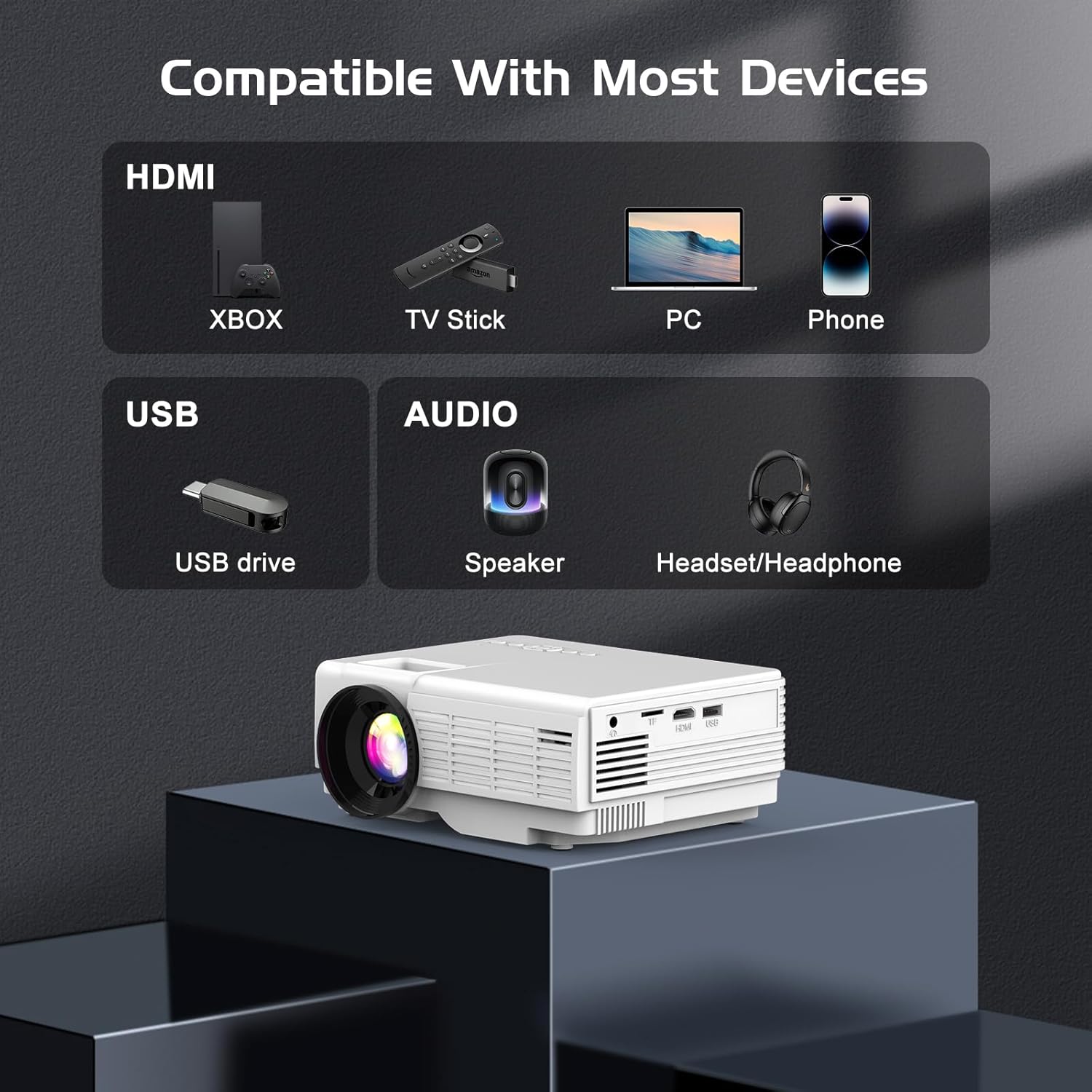 Projector with Two-way Bluetooth, Mini Projector with Projector Screen, Full HD 1080P Portable Video Projector, Home Movie Projector Compatible with HDMI/USB/Smartphone - Image 8