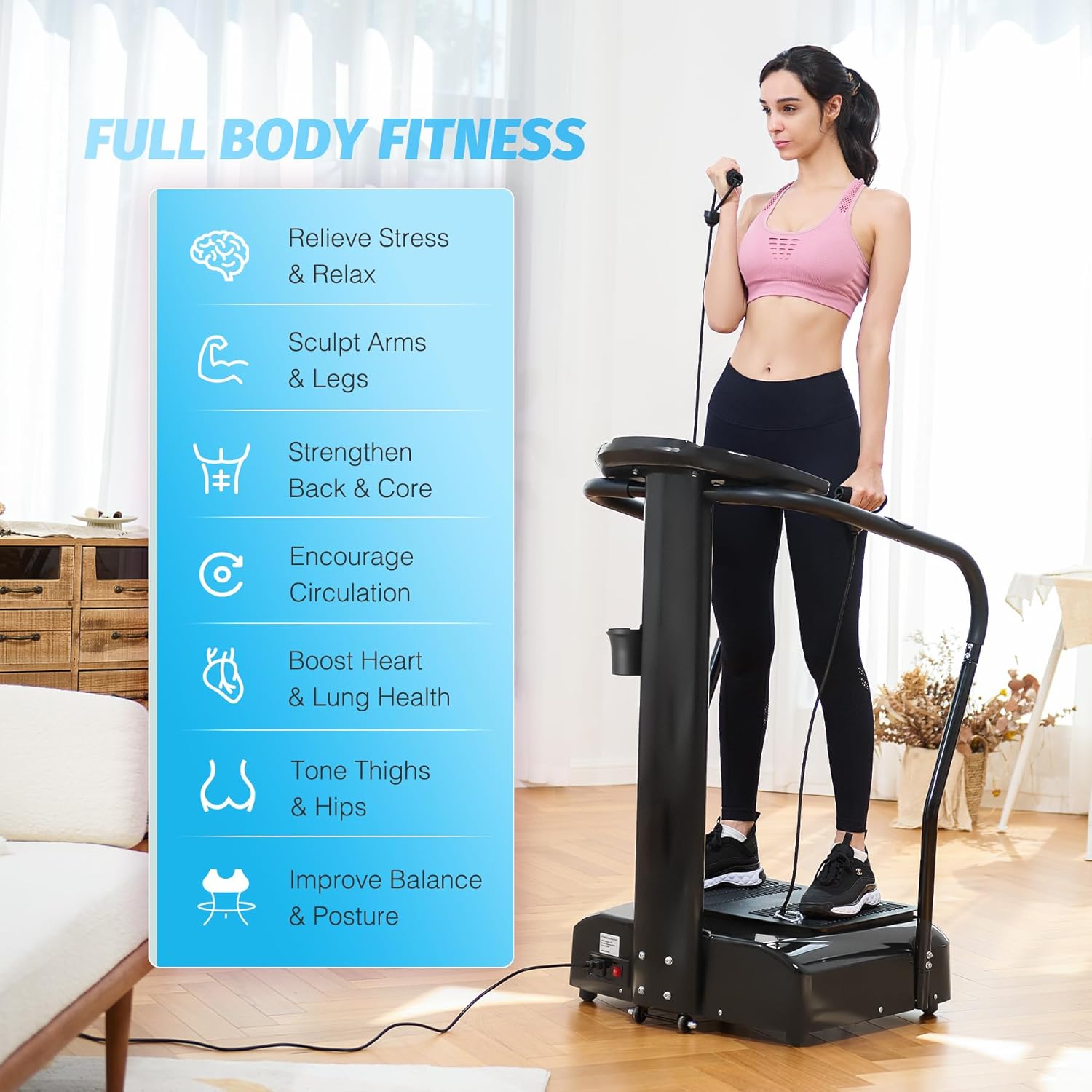 ZELUS Whole Body Vibration Plate, 500W Vibration Plate Exercise Machine with 99 Levels 3 Preset Modes & 2 Resistance Bands, Training Fitness Vibration Platform Machine for Home Gym with 330lb Capacity - Image 7