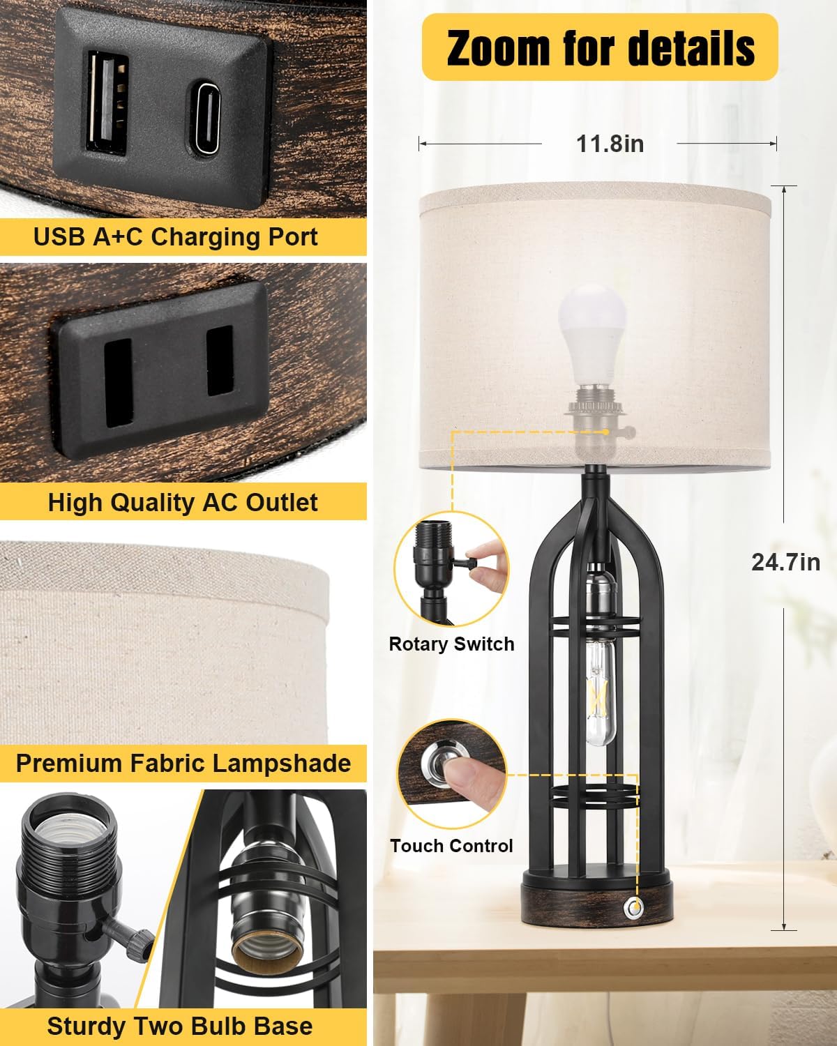 Seealle Table Lamps for Living Room Set of 2 - Bedside Lamp for Bedroom with USB C+A & Outlet, Farmhouse Lamps for Night Stands, 3-Way Dimmable Touch Lamps for Living Room - Image 6