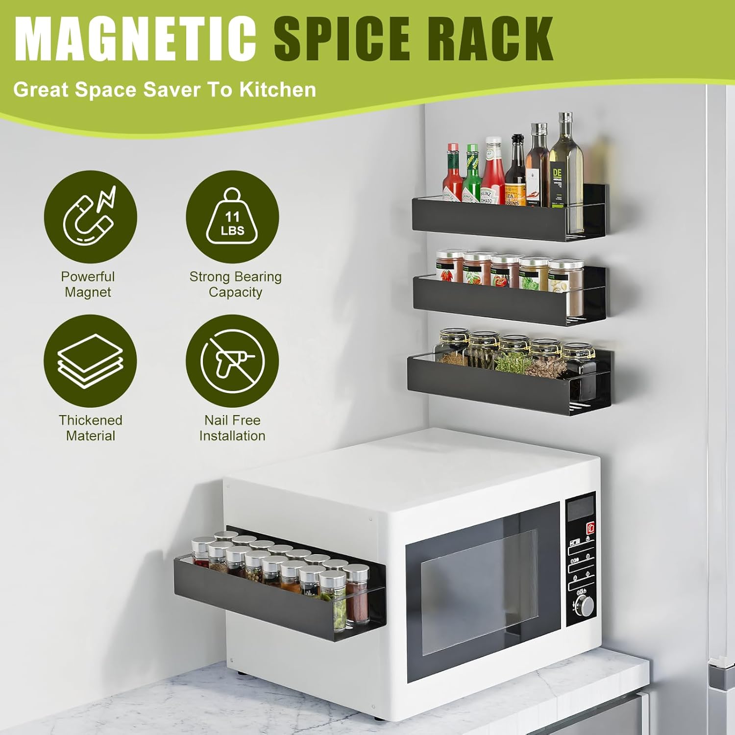 4 Pack Spice Rack for Refrigerator, Moveable Spice Organizer, Black Metal Strong Magnetic Shelf for Fridge and Microwave Oven, Space Saving for Kitchen - Image 3
