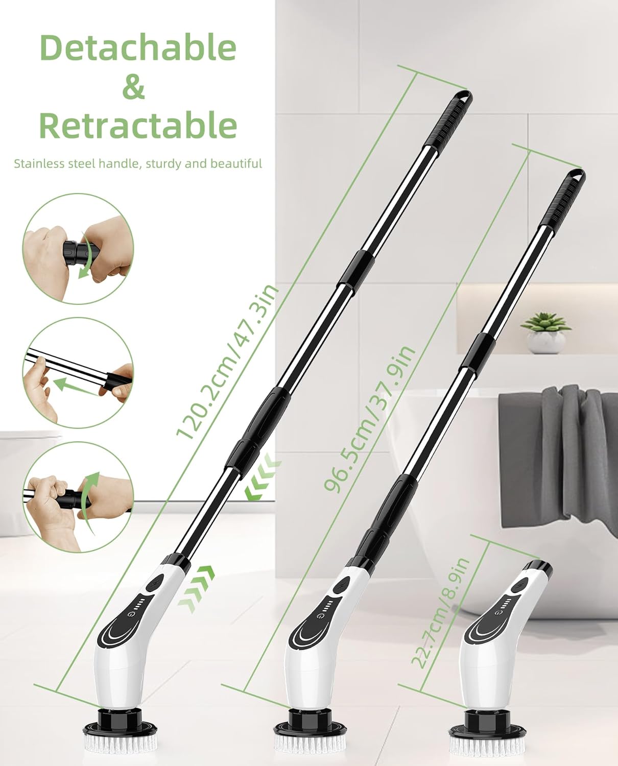 Electric Spin Scrubber, Cordless Cleaning Brush, Shower Scrubber with 8 Brush Heads, Power Scrubber Dual Speeds with Adjustable Extension Handle, IPX7 Waterproof for Bathtub Floor Tile Car-B - Image 6