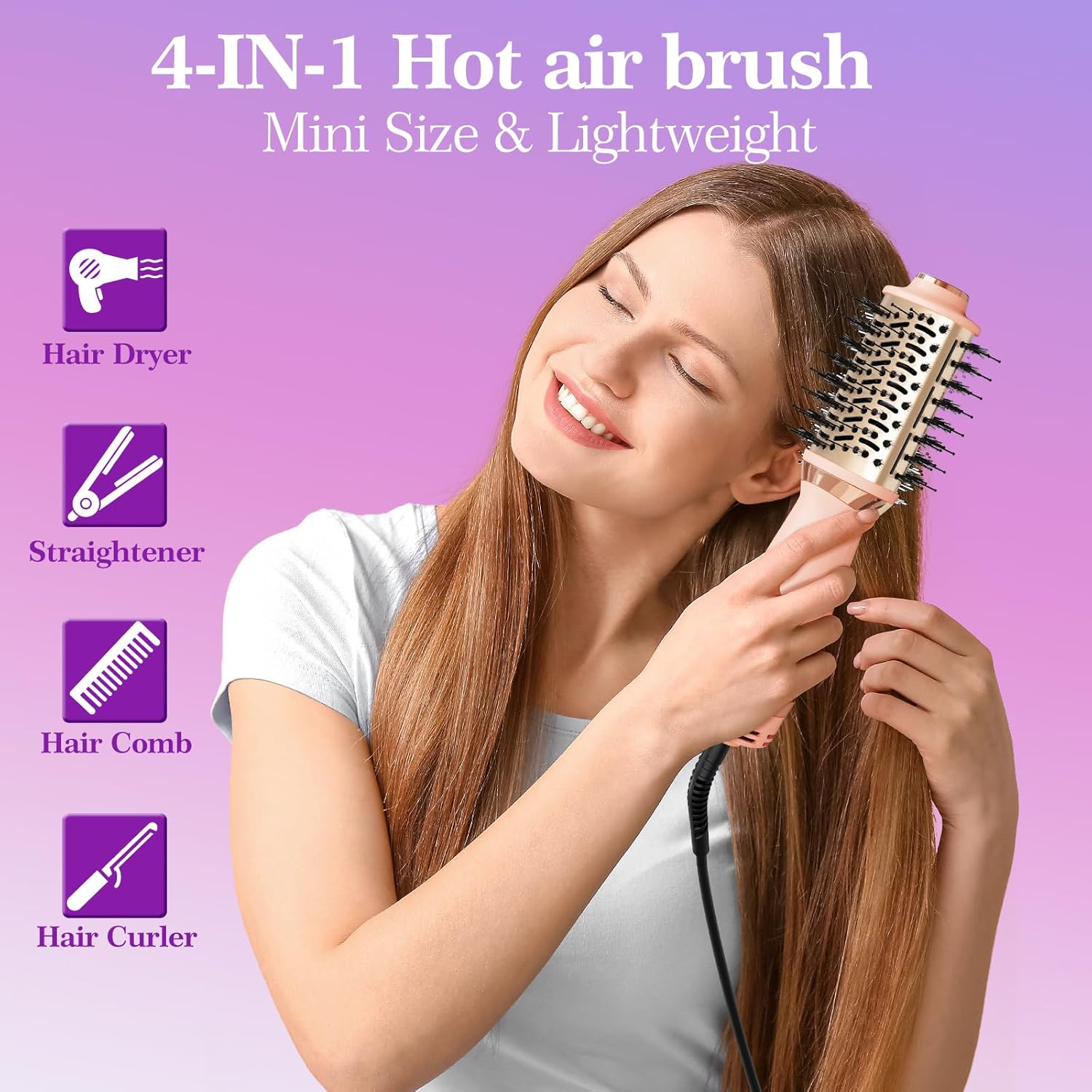 Hair Dryer Brush Blow Dryer Brush in One, 4-in-1 Hair Dryer Brush Blow Dryer with Oval Barrel, Mini Hot Air Brush for All Hair Types(Pink) - Image 3