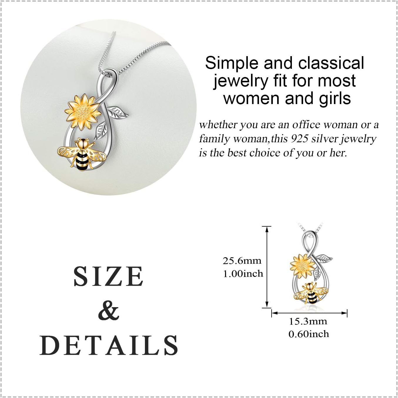 Bee Necklace Sterling Silver Infinity Love Bee Pendant Necklace with Rose Flower Jewelry Gifts for Women Teens - Image 4