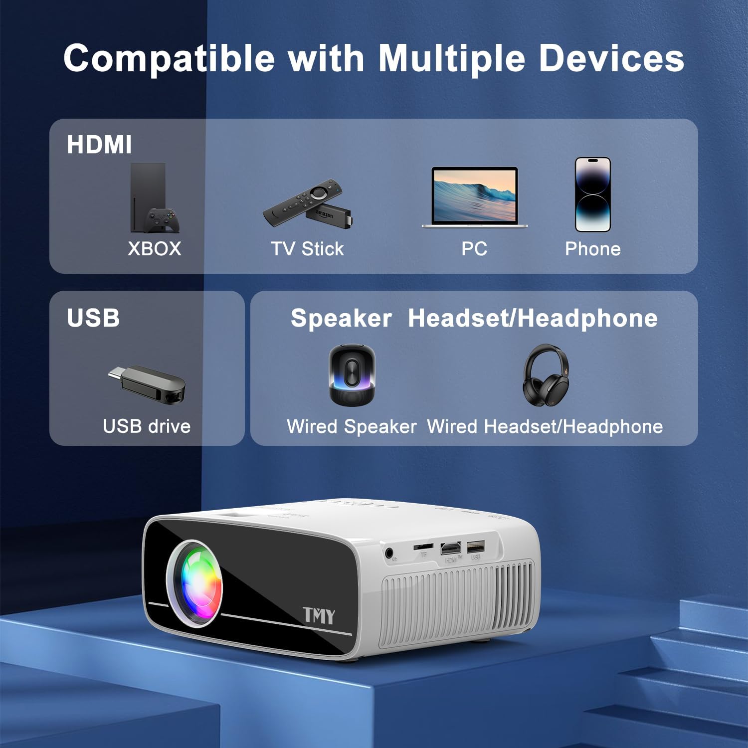 TMY Projector with WiFi and Bluetooth, Native 1080P Mini Projector, Portable Projector wirh 50% Zoom, Compatible with TV Stick/Phone/PC/DVD/HDMI/USB/TF, Movie Projector for Home Bedroom - Image 6