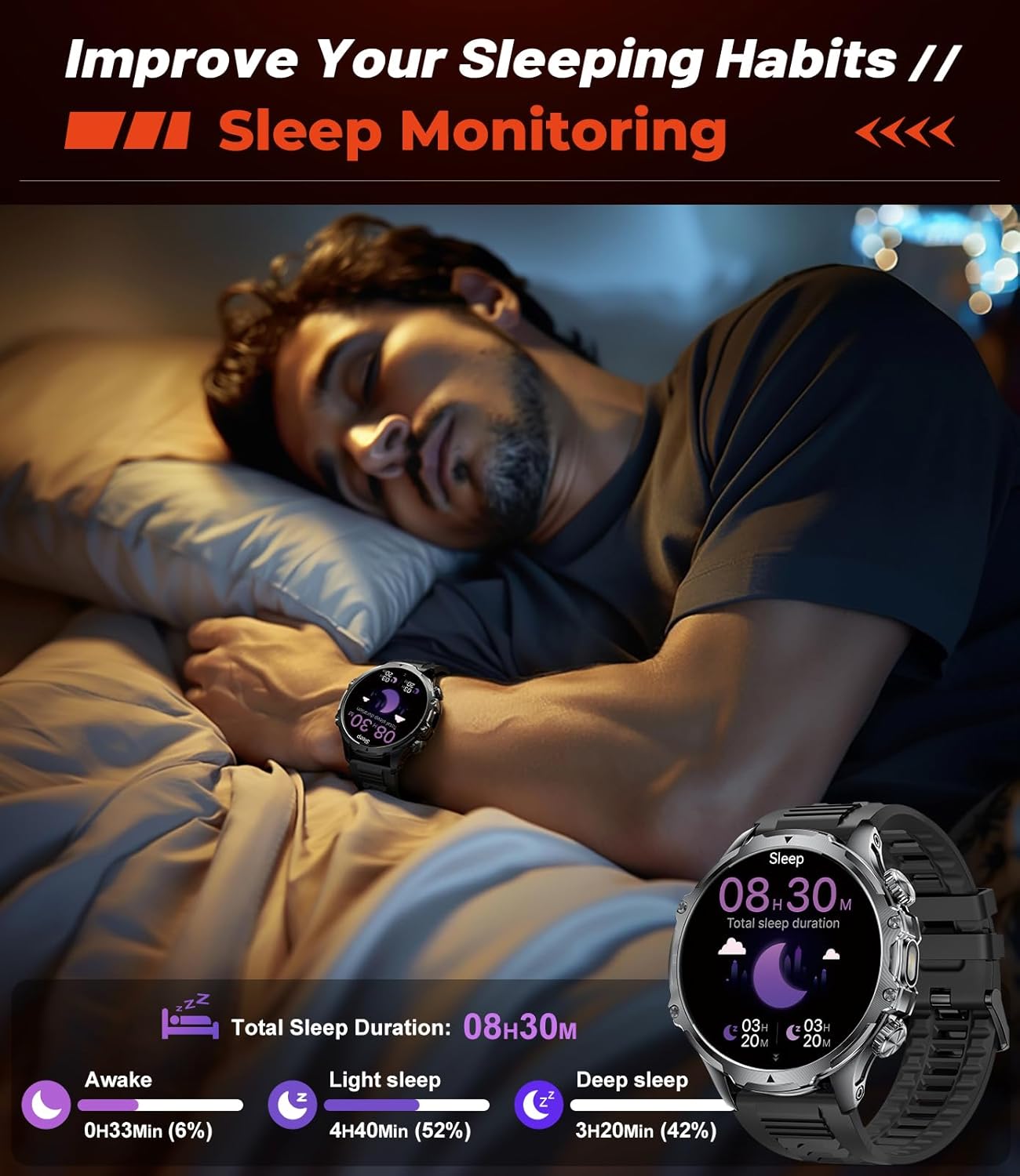 Military Smart Watch for Men,1.85" HD/800mAh Battery Smart Watches with LED Flashlight for Android iOS (Bluetooth Call Answer/Calls)Fitness Tracker with Heart Rate/Sleep Tracking/Blood Oxygen Black - Image 10