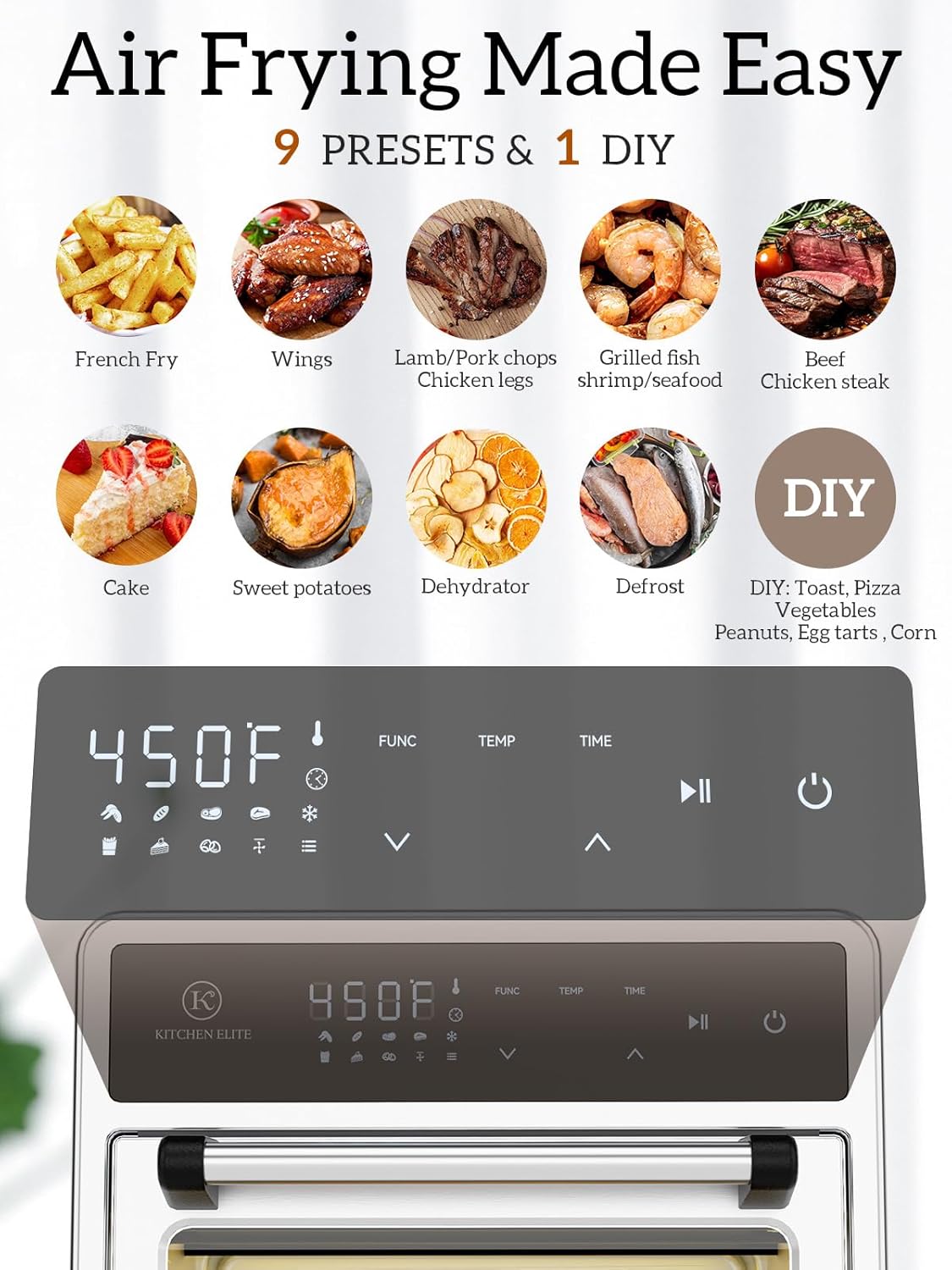 Air Fryer Toaster Oven Combo,10-in-1 12.6QT Compact Countertop Oven,9 Touch Screen Presets & 1 DIY Function,Easy Digital Controls,4 Accessories Included,Stainless Steel,Kitchen Elite - Image 3