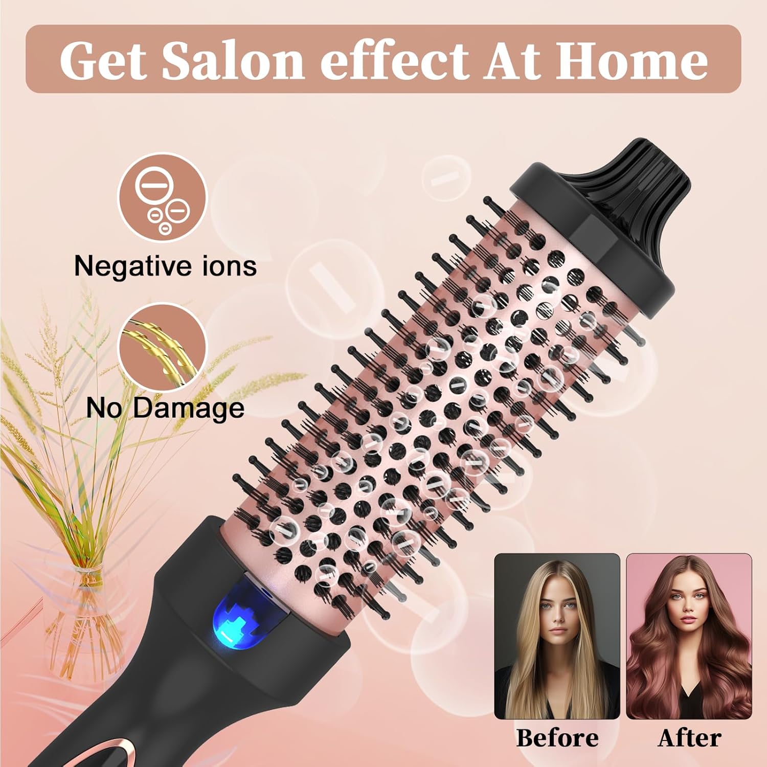 Curling Iron Thermal Brush 1.5 Inch Dual Voltage Travel-Friendly with Digital Display Temperature Ceramic Tourmaline Ionic Quick Heated Round Bush Suitable for Medium and Long Hair (Black and Gold) - Image 3