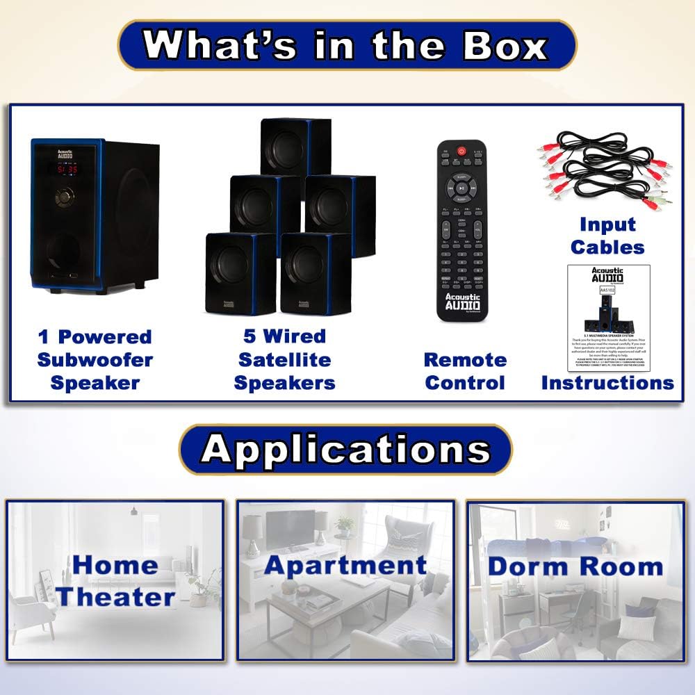Acoustic Audio AA5102 Bluetooth Powered 5.1 Speaker System Home Theater Surround, Black (AA5102) - Image 6
