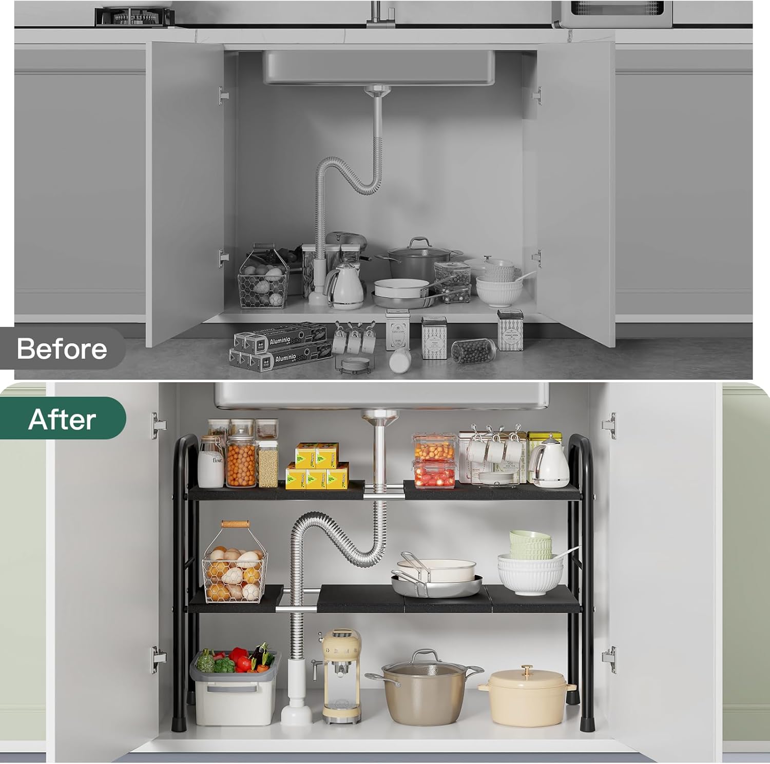 Under Sink Organizer, Kitchen Bathroom Organizers and Storage, shoe cabinet organizer with 8 Removable Panels, 2-Tier Expandable Multi-Purpose Storage Shelf (Expand from17.7 to 32.2") - Image 7