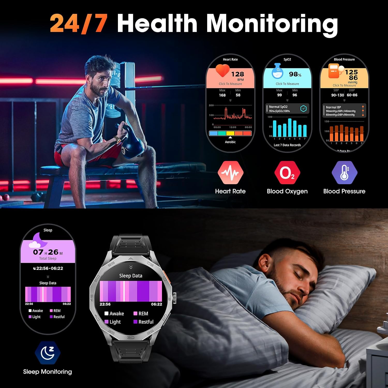 Military Smart Watch for Men 1.85" HD Ultra Screen Touch Screen 710mAh Battery Smart Watches for Android iOS (Bluetooth Call Answer/Dial Calls) Fitness Tracker with 100+ Sports - Image 7