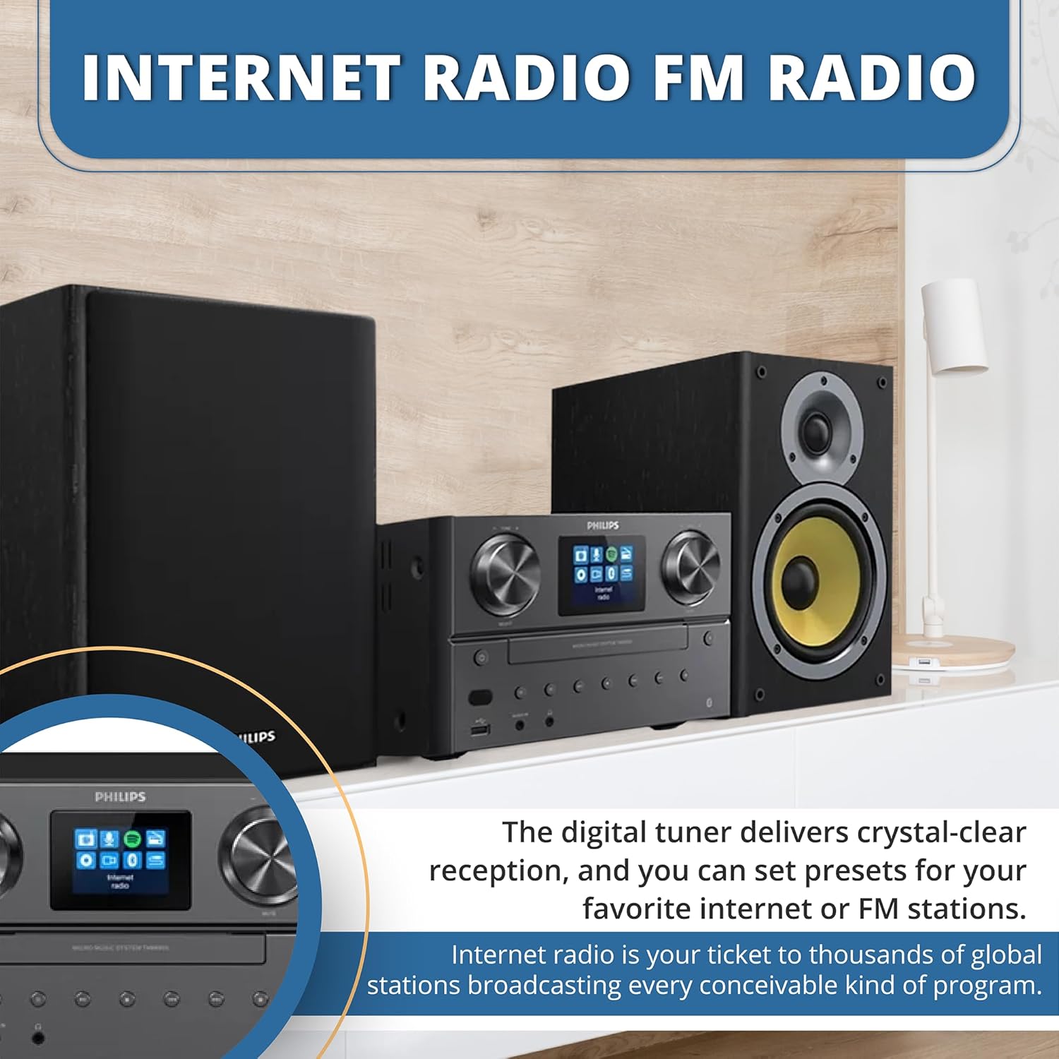 Philips Bluetooth & WiFi Stereo System for Home with CD Player, Spotify, Internet Radio, FM Radio, MP3 Playback, Crisp Highs and Rich Bass 100W, Remove Control Included - Image 4
