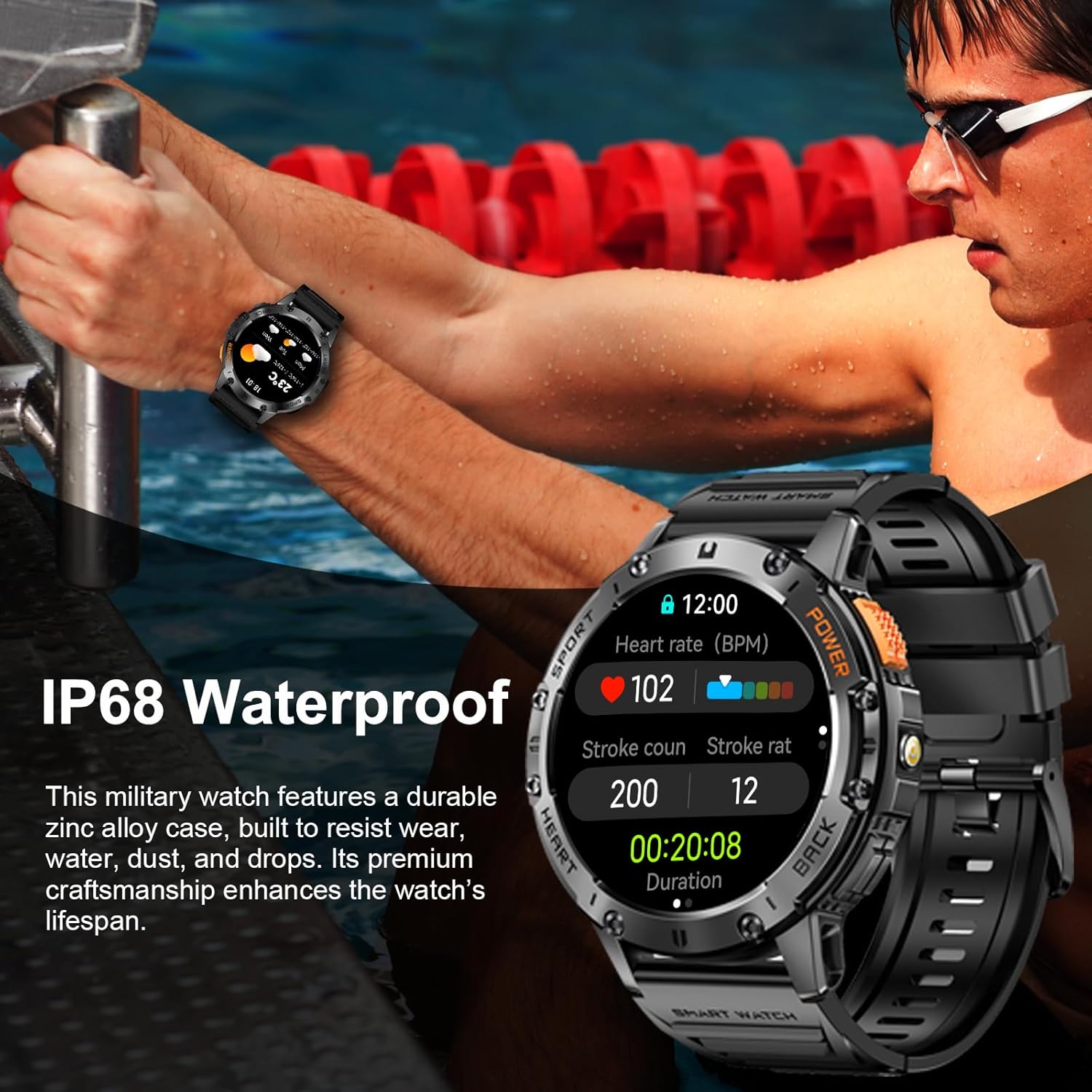 Military Smart Watches for Men with Flashlight, 170+ Sport Modes 1.43" AMOLED Screen, 530mAh Answer/Make Calls, Bluetooth for Android Phones and iPhone Compatible Heart Rate/SpO2/Sleep (Black) - Image 8
