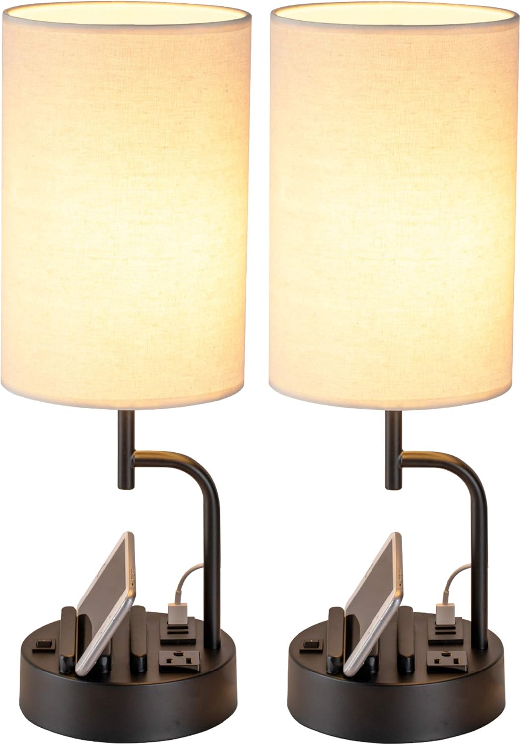 Dreamholder Table Lamp with 3 USB Charging Ports, Modern Desk Lamp with AC Outlet and Phone Stands, Perfect Bedside Lamp for Bedroom, Living Room, Office (Pack of 2), Cream - Image 2