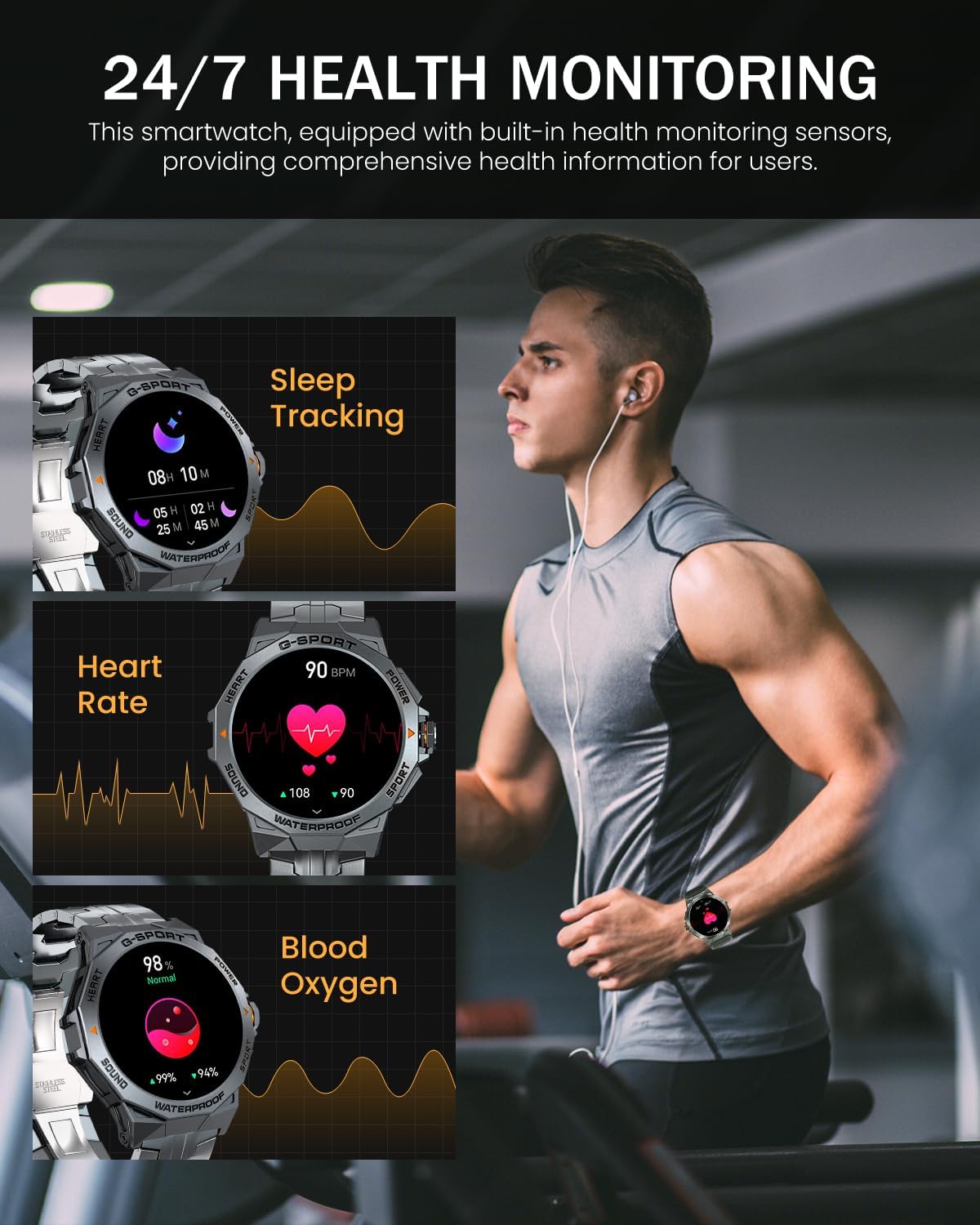 Military Smart Watch for Men with Bluetooth Call, 1.43" AMOLED Screen Smartwatch with Heart Rate/Sleep Monitor, IP68 Waterproof Fitness Tracker with 100+ Sport Modes for iOS Android - Image 6