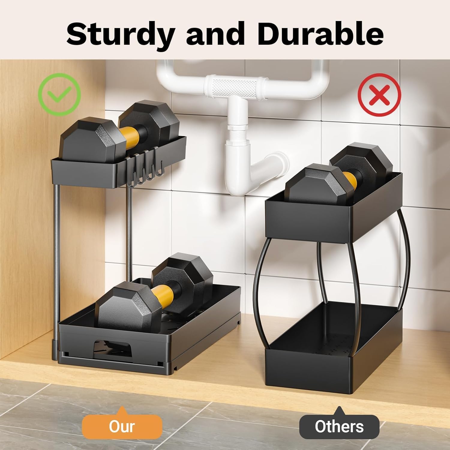 2 Pack Under Sink Organizers and Storage, 2 Tier L-Shape Pull Out Under Cabinet Organizer, Black Under Bathroom Kitchen Sink Organizer with Drawer for Under Counter Storage Organizer - Image 8