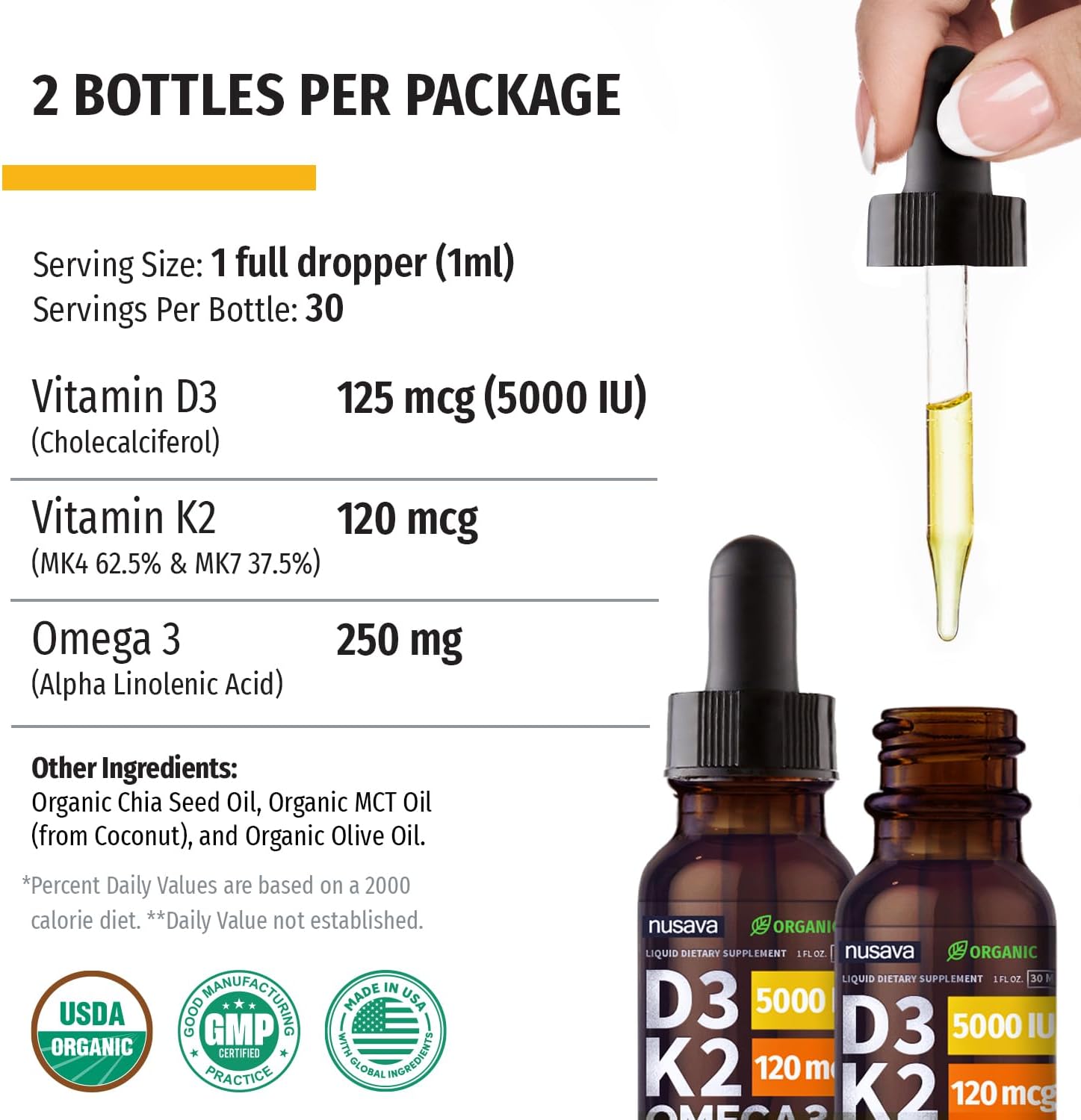 (2 Pack) Organic Vitamin D3 K2 Drops with MCT Oil, Omega 3, 5000 IU - Vitamin D Liquid, No Fillers, Non-GMO D3 for Body’s Defenses and Faster Absorption, Unflavored, 2 Fl Oz - Image 9