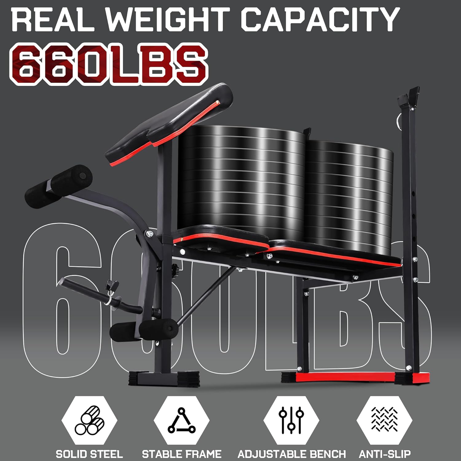 OPPSDECOR Standard Weight Bench Set for Leg Extension and Leg Curl, Adjustable Bench Press Squat Rack with Preacher Curl Pad, 660LBS Flat/Incline Workout Bench for Strength Training Home Gym - Image 4