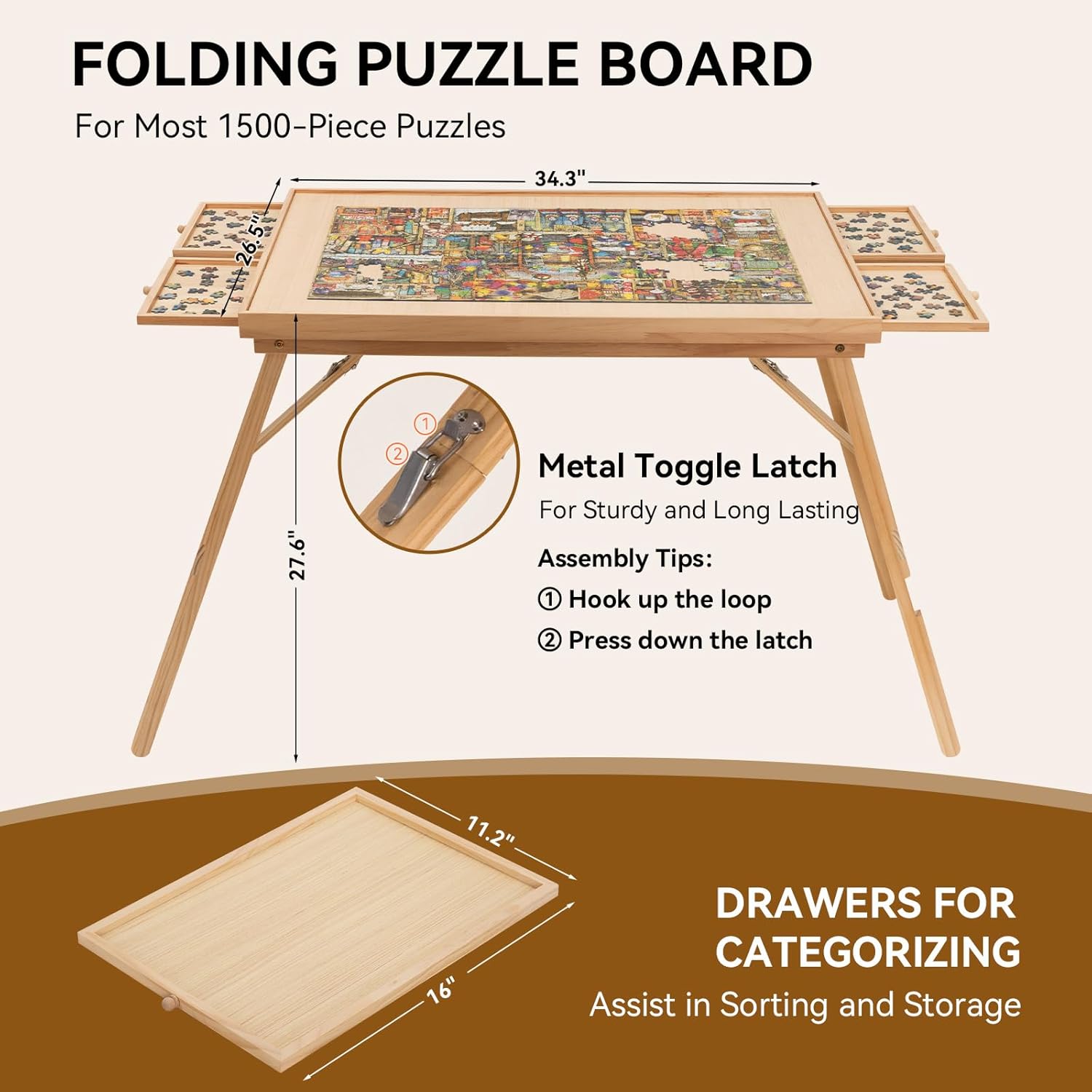 TEAKMAMA 27.6" H Tall 1500 Piece Puzzle Board with Legs, 4 Drawers, 34.1" W x 26.2" D Large Wood Folding Jigsaw Puzzle Table with Cover for Adults, Nature - Image 6
