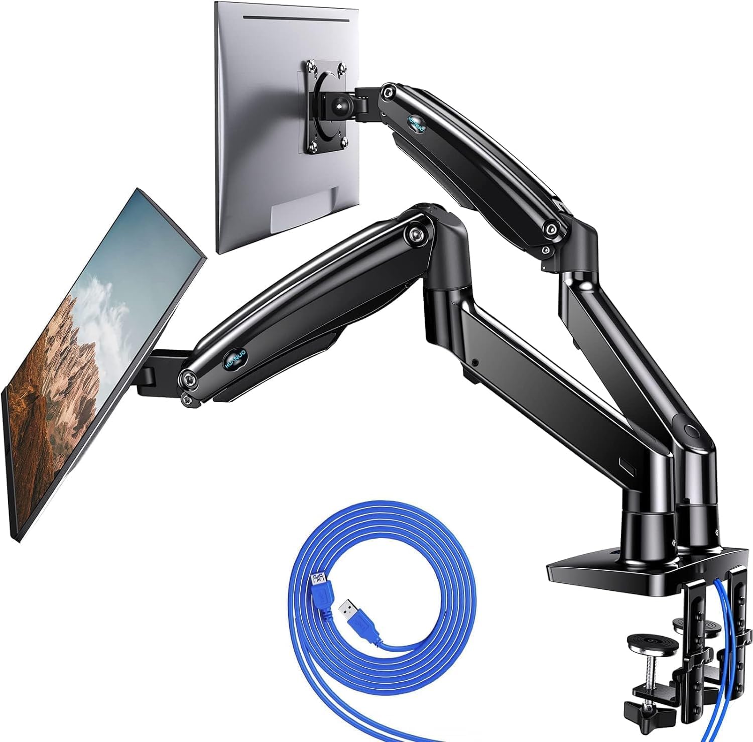 HUANUO Dual Monitor Stand for 13 to 40 inch, Premium Dual Monitor Mount with USB, Height Adjustable Monitor Stand for 2 Monitors, VESA Mount with Clamp/Grommet Base, Each Arm Hold up to 26.4lbs, Black - Image 2