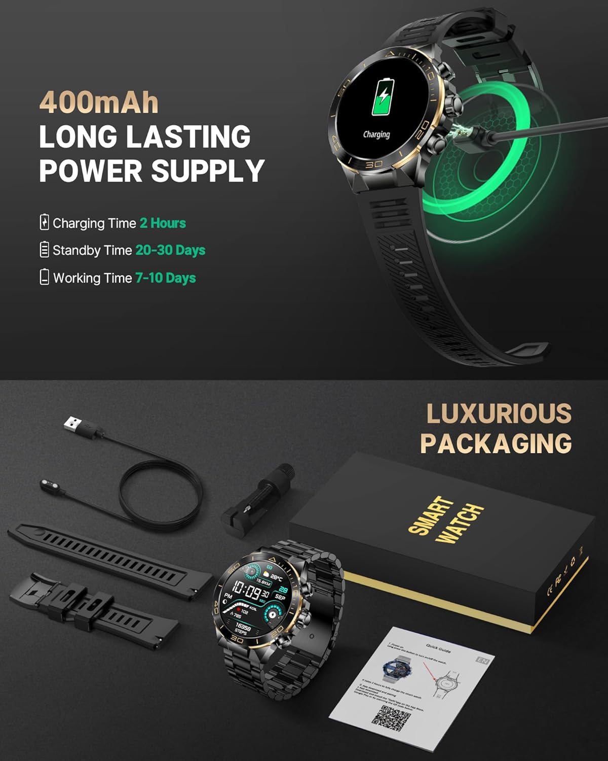 Smart Watch for Men Answer/Make Call for Android iPhone, 1.43" AMOLED HD Screen Mens Luxury Watch, 400mAh Heavy Duty Smartwatch Heart Rate Blood Oxygen Blood Pressure Sleep Monitor Pedometer, 2 Straps - Image 10