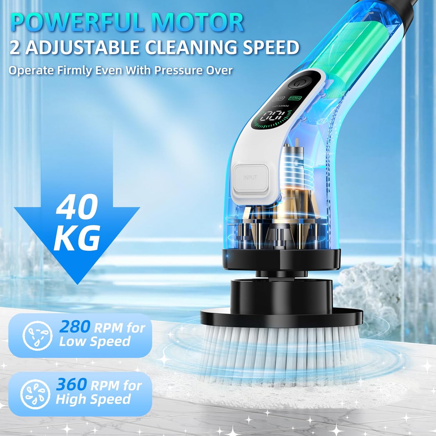 Electric Spin Scrubber, IPX7 Waterproof Power Shower Scrubber with Extension Handle, 7 Replaceable Brush Heads & 3 Hard Bristle Crevice Cleaning Brushes Cleaning Supplies for Bathroom Tub Tile Floor - Image 4