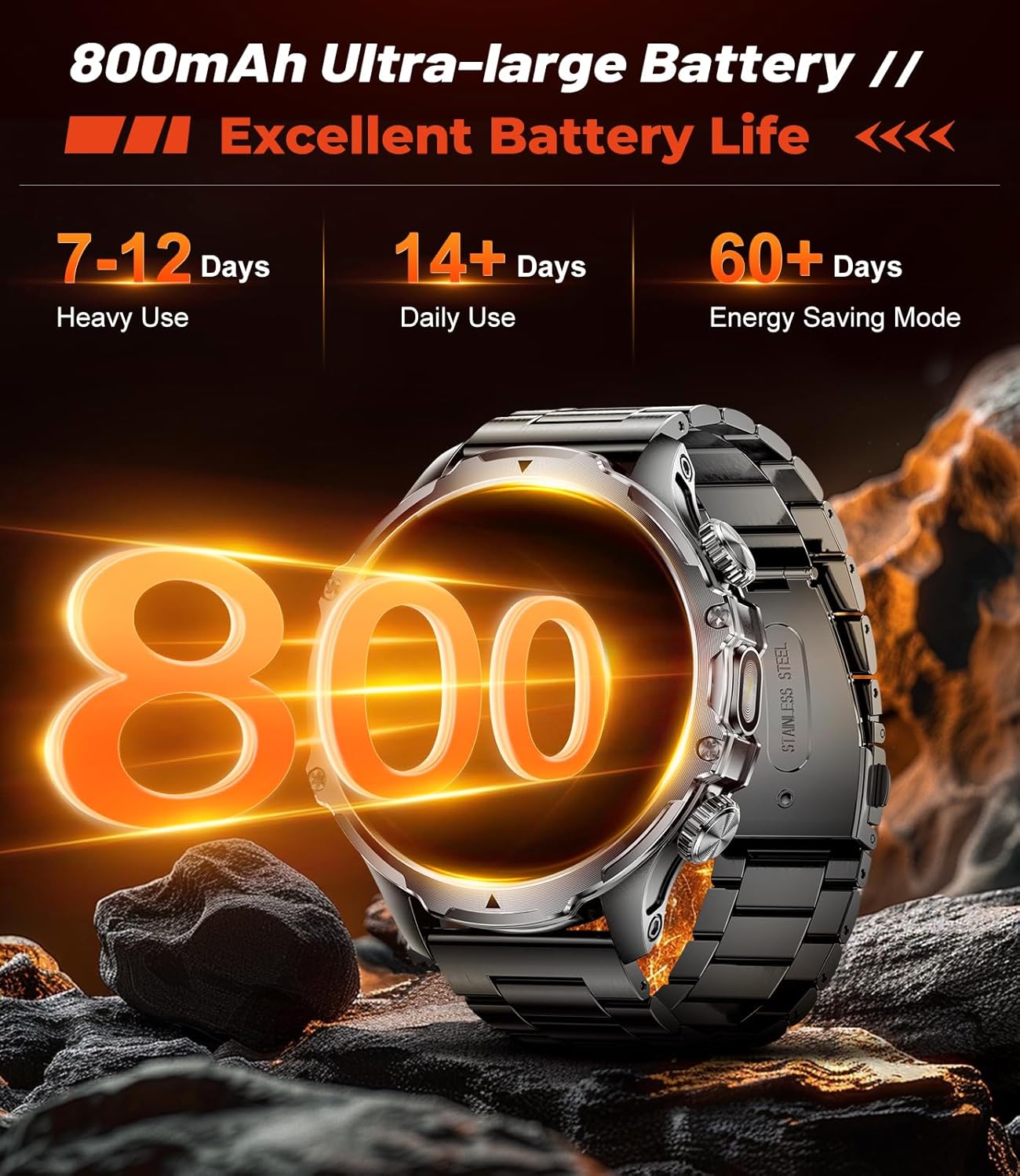 Military Smart Watch for Men,1.85" HD/800mAh Battery Smart Watches with LED Flashlight for Android iOS (Bluetooth Call Answer/Calls)Fitness Tracker with Heart Rate/Sleep Tracking/Blood Oxygen Black - Image 3