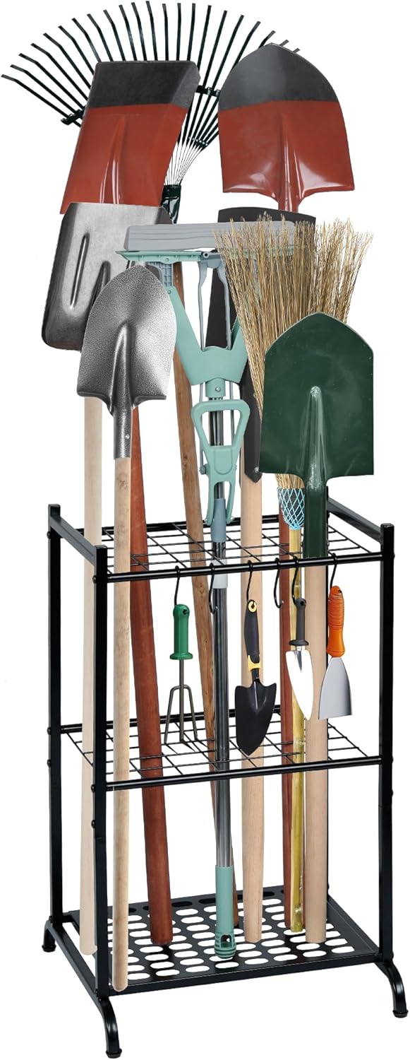 Garden Tool Organizer with Storage Hooks, Yard Tool Tower Rack for Garage Organization and Storage, Up to 35 Long-Handled Tools, Metal Tool Holder with 6 Hooks, Black - Image 2