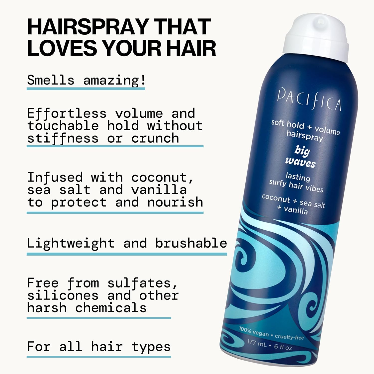 Pacifica Beauty Big Waves Coconut, Vanilla & Sea Salt Hairspray, Controls Frizz & Adds Volume, Designed for Wavy Hair, Vegan & Cruelty-Free, 6 Fl Oz - Image 5