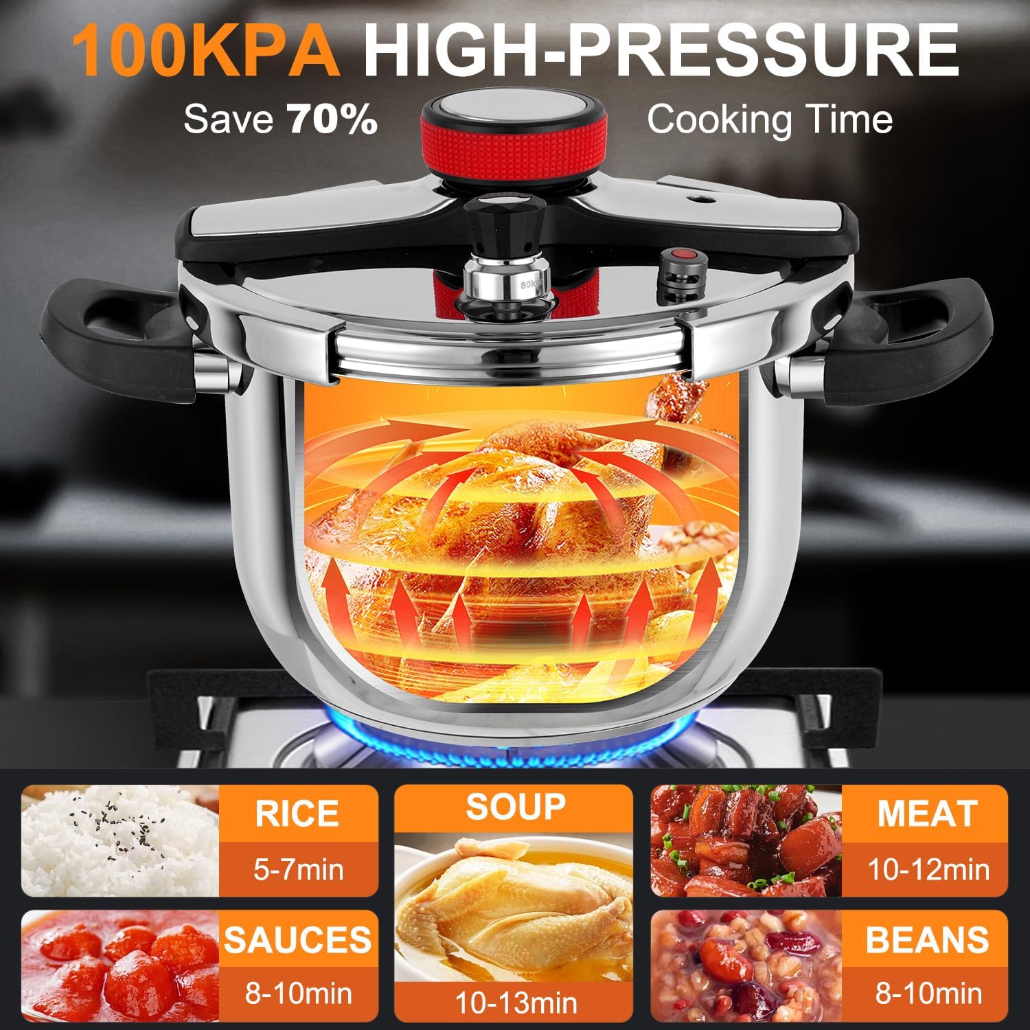 Pressure Cooker 10 QT, Stainess Steel Pressure Canner 10 Quart, Explosion-Proof Cookware, Rotating Lock/Unlock Lid, One-handed lid opening, Thickened Silicone Ring And Anti-scald Handle, Silver - Image 4
