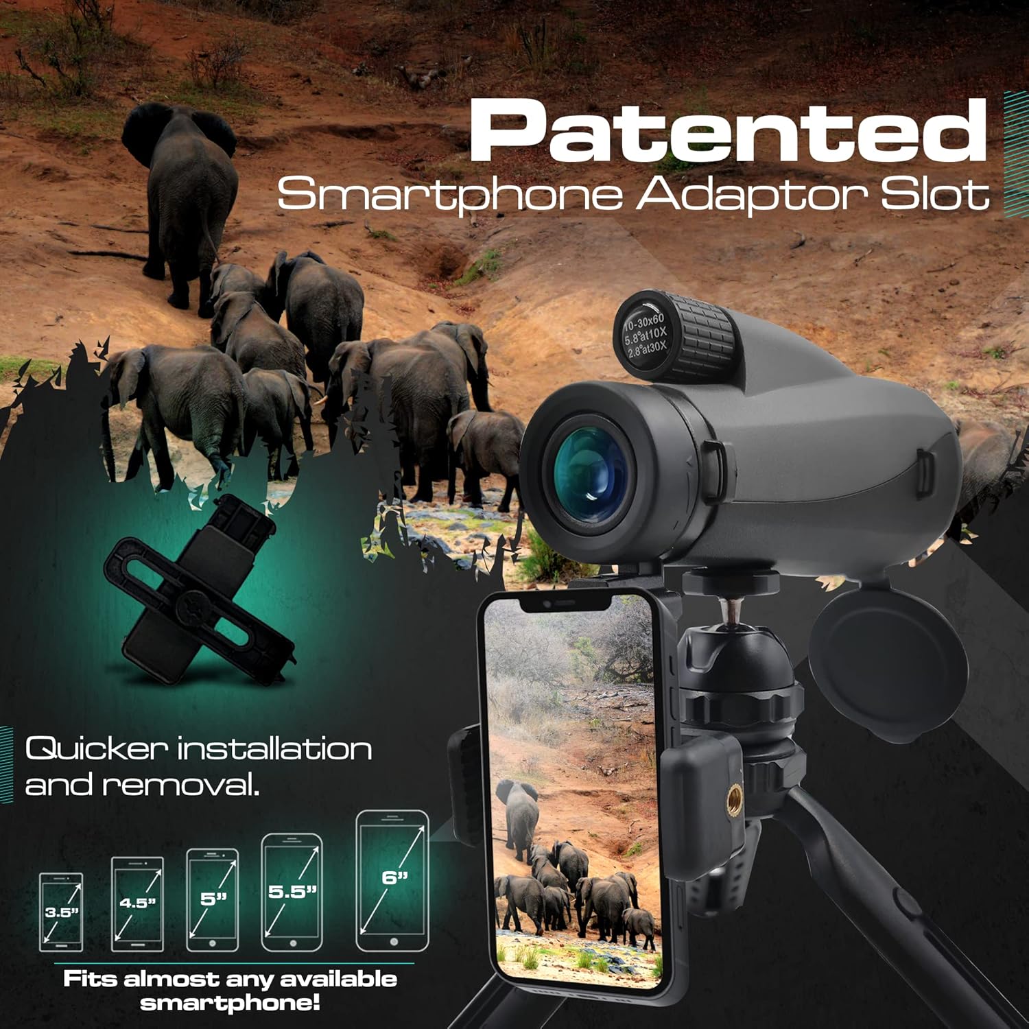 Scopex 12x60 HD Monocular Telescope, Patented Smartphone Adapter, Strong Tripod, Extra-Large Eyepiece, Waterproof. - Image 6