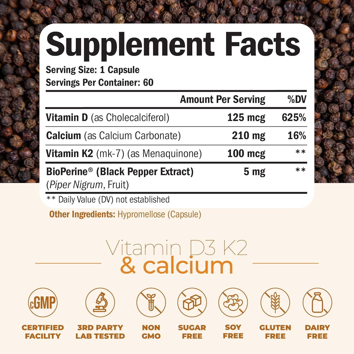 Vitamin D3 K2 & Calcium Supplement with BioPerine for Immune & Bone Health. Vitamin K2 as MK7 + Calcium + VIT D3 5000 IU. 4 in 1 Support for Strong Bones, Teeth and Heart Health. Non-GMO. 60 Capsules - Image 4