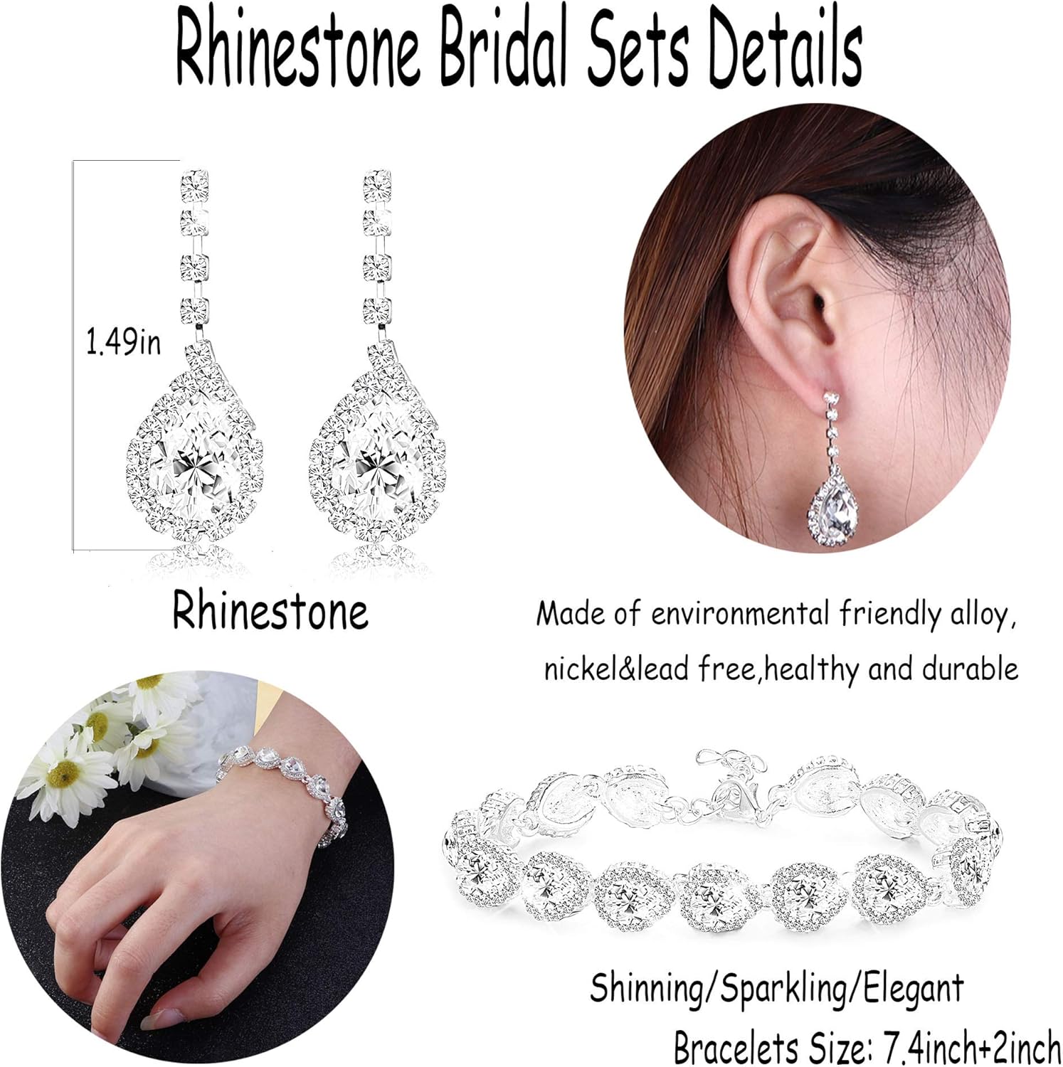 LOYALLOOK Bridal Rhinestone Teardrop Statement Necklace Bracelets and Dangle Earrings Jewerry Sets for Proms Weddings - Image 7