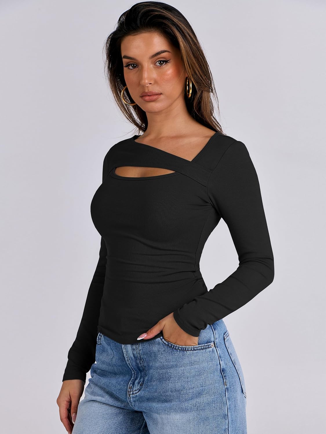 ANRABESS Womens Cutout Tops Trendy Sexy Long Sleeve Shirts Ribbed Slim Fit Tee 2024 Fall Fashion Going Out Tshirts Clothes - Image 4