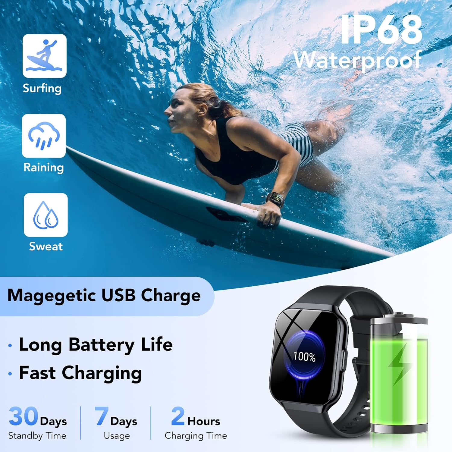 Smart Watch for Men Women, 1.96" Smartwatch (Answer/Make Call), IP68 Waterproof Fitness Tracker, 112+ Sport Modes Smartwatches for Android iOS, Black - Image 6