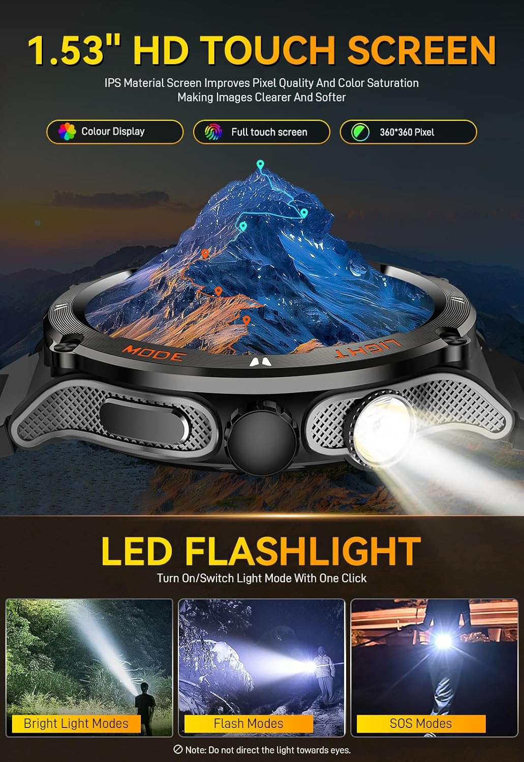 Military Smart Watch for Men with LED Flashlight 500mAh Big Battery Tactical Smartwatch 1.53” Big Screen Rugged Smart Watch 3ATM Waterproof Fitness Tracker with Heart Rate Monitor for iPhone Android - Image 3