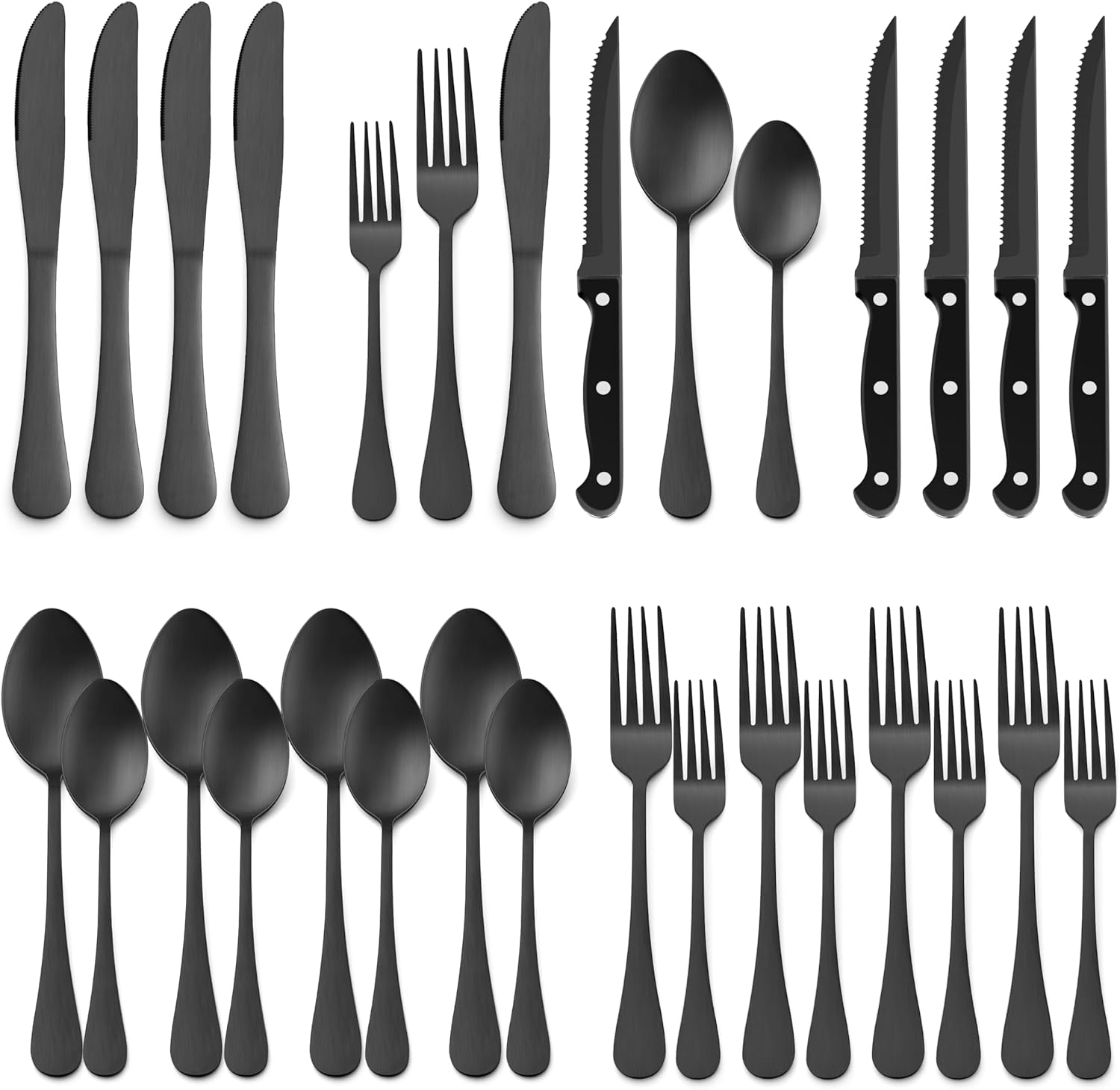E-far 24-Piece Black Silverware Set with Steak Knives, Stainless Steel Flatware Cutlery Set for 4, Matte Black Metal Eating Utensils Sets Include Forks and Spoons Knife, Modern Design & Rust Proof - Image 2