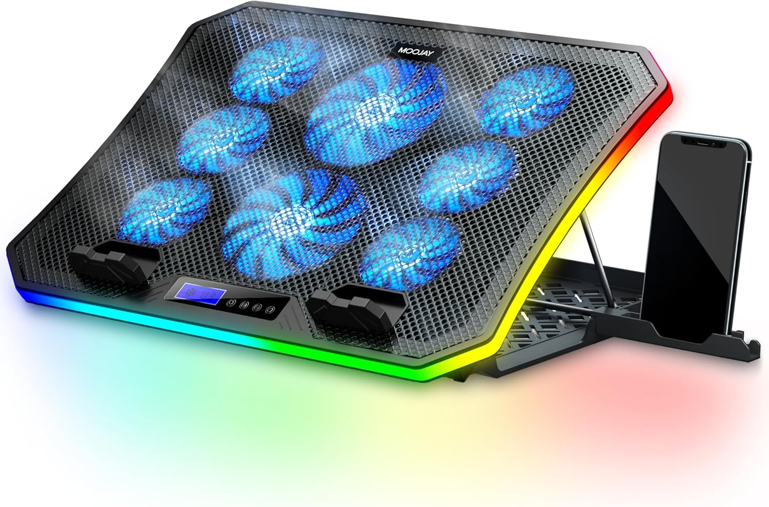 Laptop Cooling Pad RGB Gaming Notebook Cooler for Desk and Lap Use, MOOJAY Laptop Fan Stand 8 Adjustable Heights with 8 Quiet Fans and Phone Holder, for 15.6-17.3 Inch Laptops - Blue LED Light - Image 2