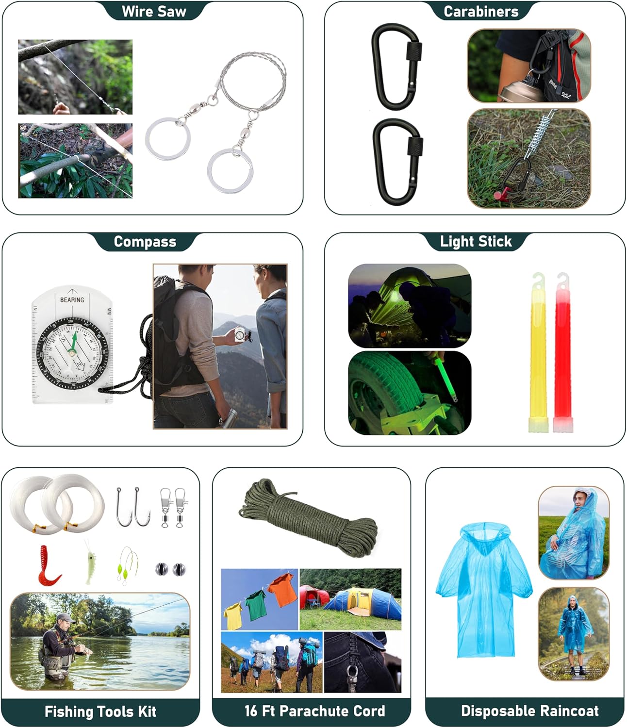 Survival Kit, 262Pcs Survival Gear and Supplies with First Aid Kit Pouch and Crossbody Bag, Emergency Kit with Tent, Camping Axe Hammer, Survival Shovel w/Pick, Bug Out Bag Gifts for Men Women - Image 9
