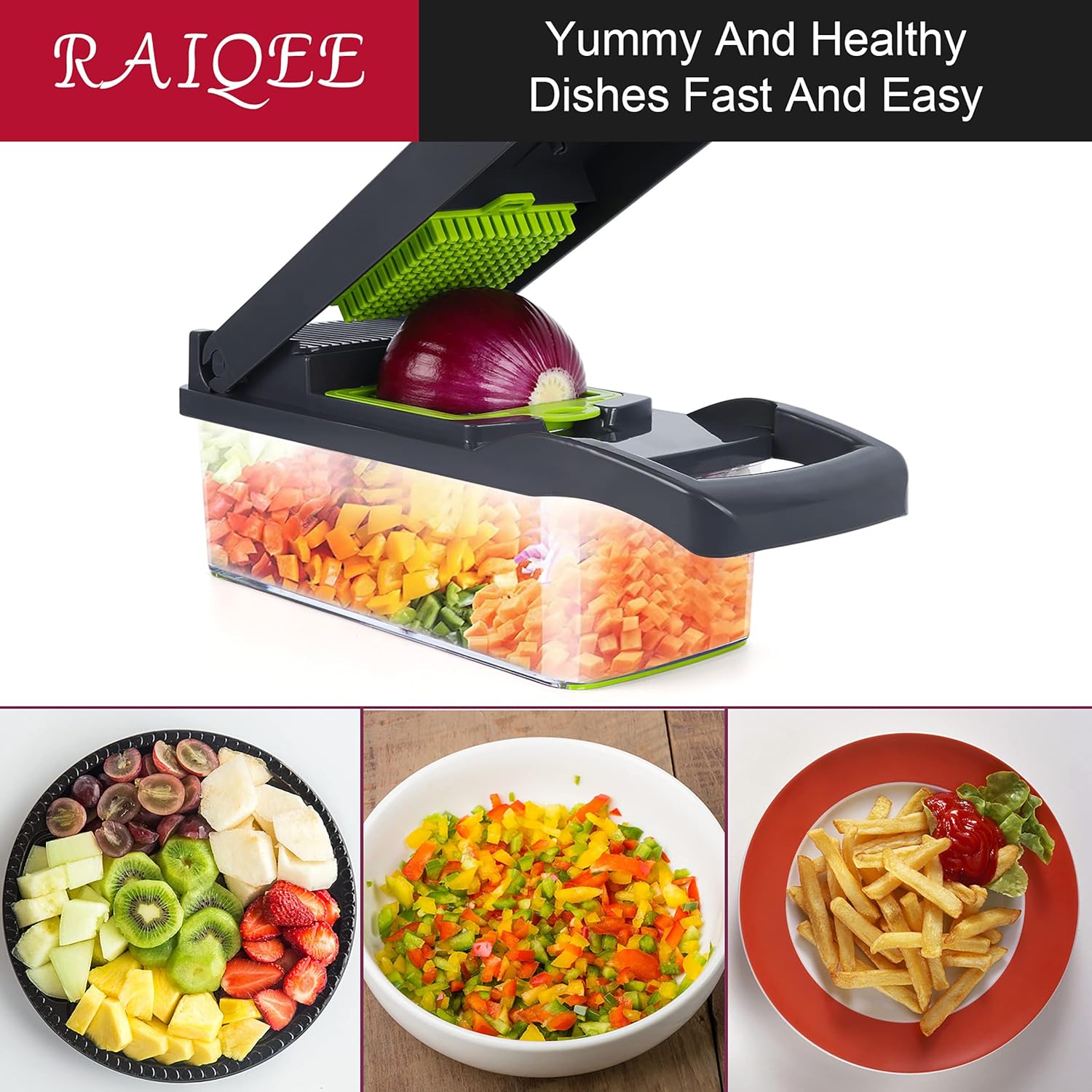 Vegetable Chopper Mandoline Slicer,Veggie Chopper, Multifunctional 10 in 1 Food Choppers, Kitchen Vegetable Slicer Dicer Cutter,Onion Mincer,Cheese Grater,Colander Basket,Kitchen Gadgets (Gray/Green) - Image 7