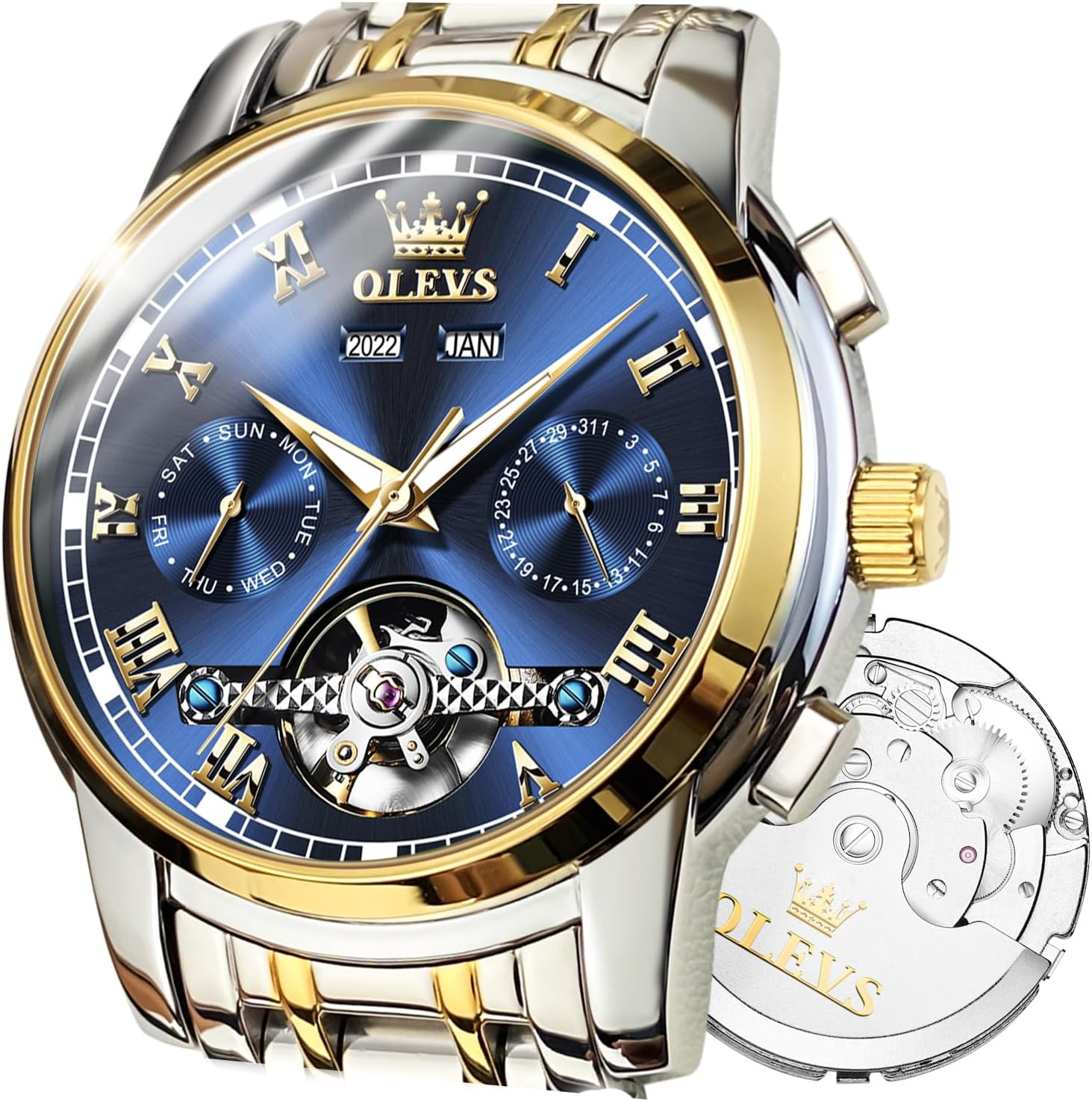 OLEVS Automatic Watch(No Battery Required) Men's Wrist Watches Self-Wind Mechanical Watches Fashion Classic Tourbillon Skeleton Watch Black Blue Green Face,Adjustable Bracelet (Gift Tool) - Image 2