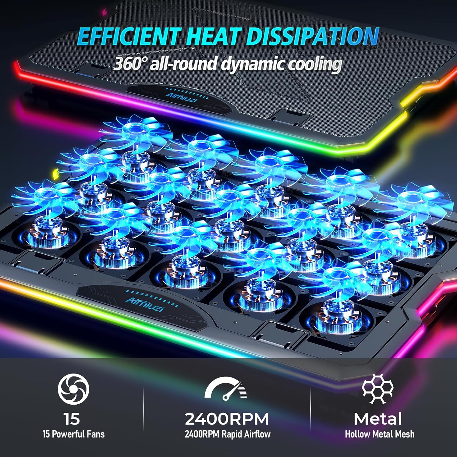 Laptop Cooling Pad, Gaming Laptop Cooler with 15 Quiet Fans for 12-17.3 Inch Notebook, Slim Portable RGB Laptop Cooling Stand with 7 Height Adjustable,2 USB Ports, Phone Stand - Image 3