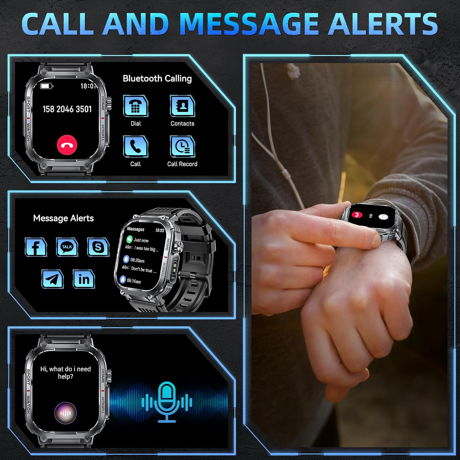 Military Smart Watches for Men with LED Flashlight Compass (Answer/Make Call) 2.02" Screen Waterproof Smartwatch with Sport Modes Health Monitor 400mAh Rugged Smartwatch for iPhone Android (2 Straps) - Image 7