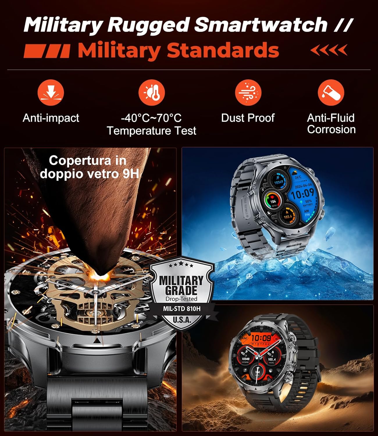 Military Smart Watch for Men,1.85" HD/800mAh Battery Smart Watches with LED Flashlight for Android iOS (Bluetooth Call Answer/Calls)Fitness Tracker with Heart Rate/Sleep Tracking/Blood Oxygen Black - Image 6