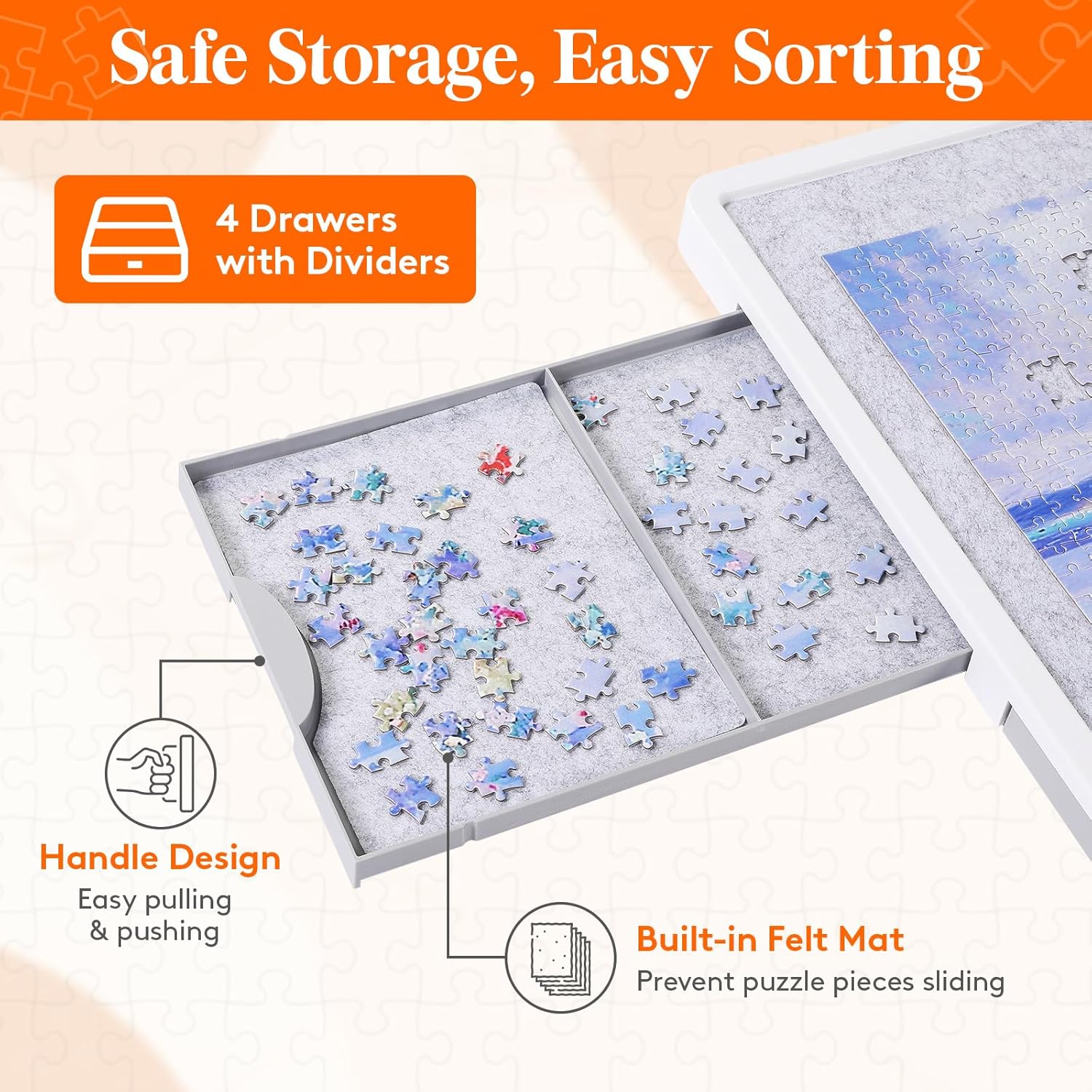 Lifewit 1500 Pieces 2-in-1 Rotating & Tilting Puzzle Board with Divided Drawers, Felt Mat, Protective Cover, Portable Jigsaw Puzzle Table with Handle, 4 Extra Felt Trays, Ideal Gift, 35" x 27", White - Image 6