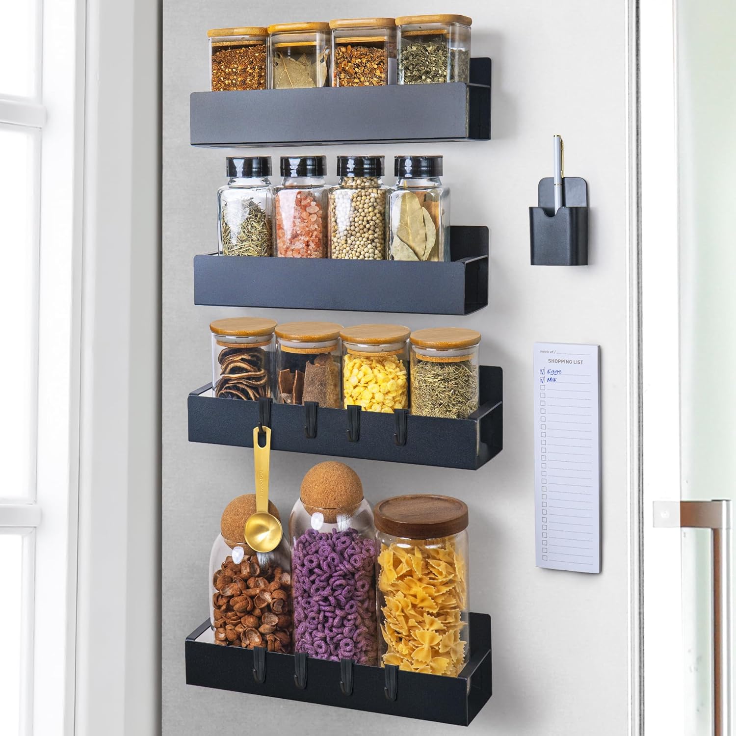 4-Pack Magnetic Spice Rack Set with Hooks, Grocery Notepad & Pen - Space-Saving Kitchen Organizer for Spices & Jars - Image 2
