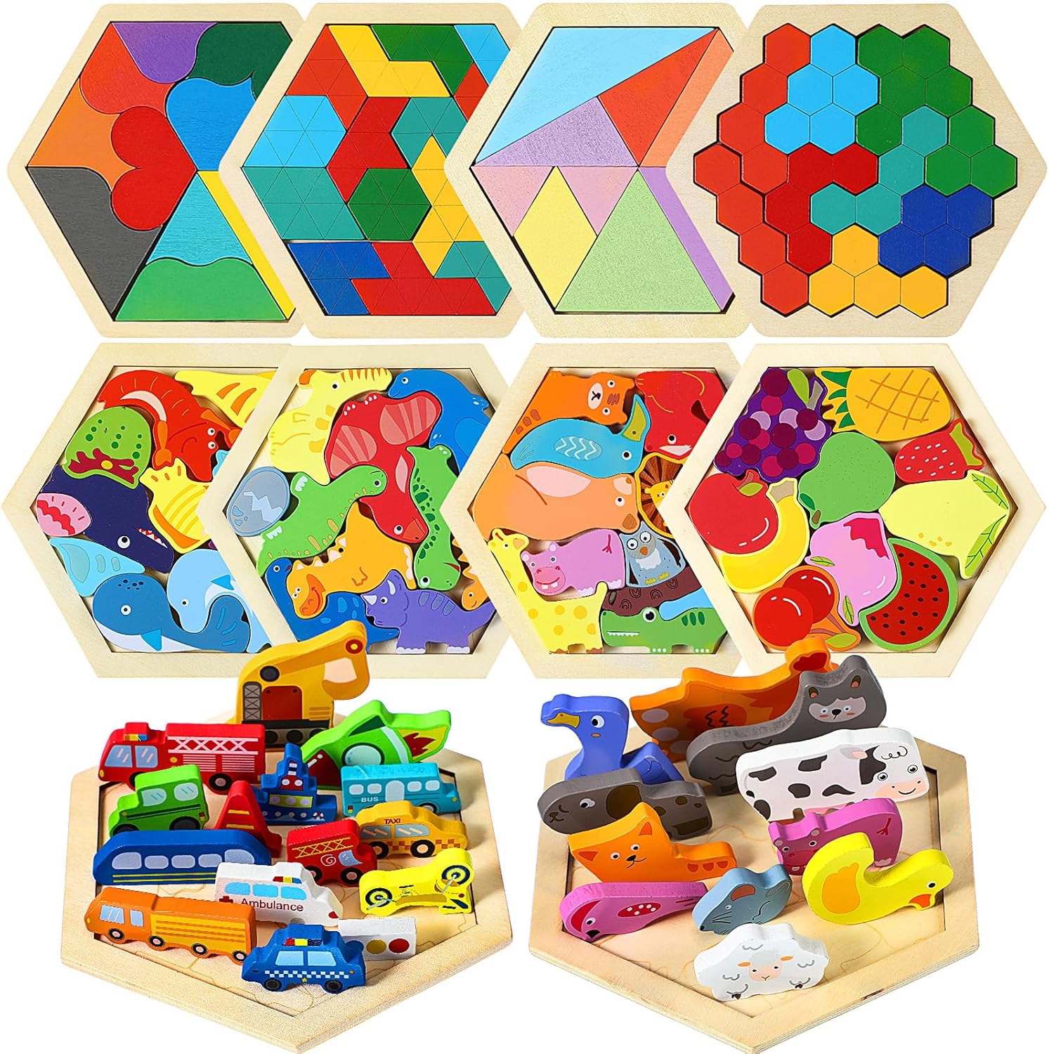 Liliful 10 Pack Wooden Hexagon Tangram Blocks Puzzle for Kids Brain Teaser Jigsaw Shape Pattern Russian Blocks Geometric Logic IQ Stem Montessori Toy for All Ages Kids Challenge Game - Image 2